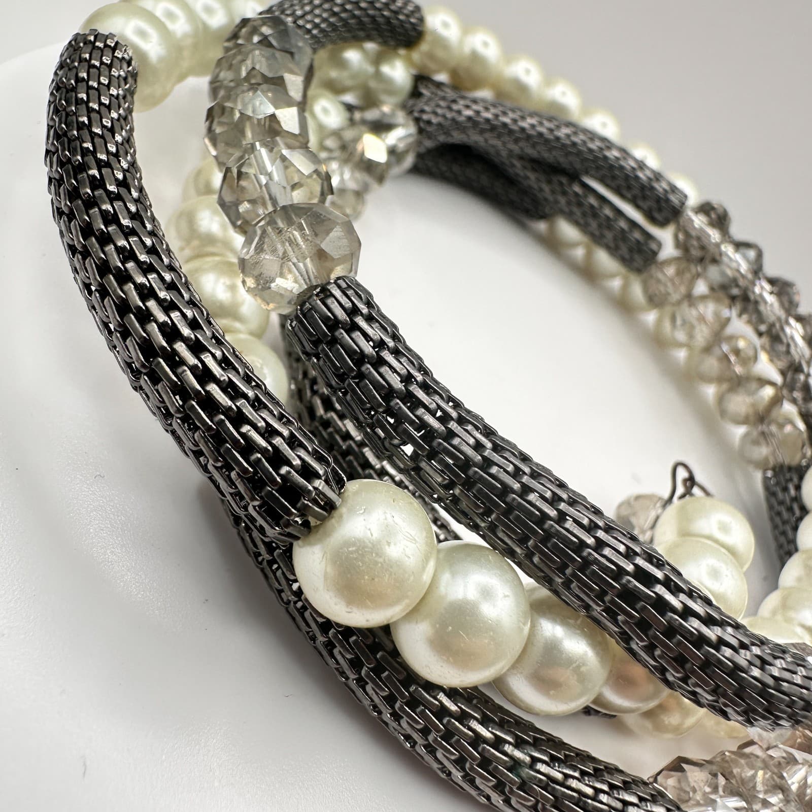 Vintage 90s Mixed Media Wrap Bracelet Pearl Glass Gunmetal Mesh Boho Statement - Thumbnail 3