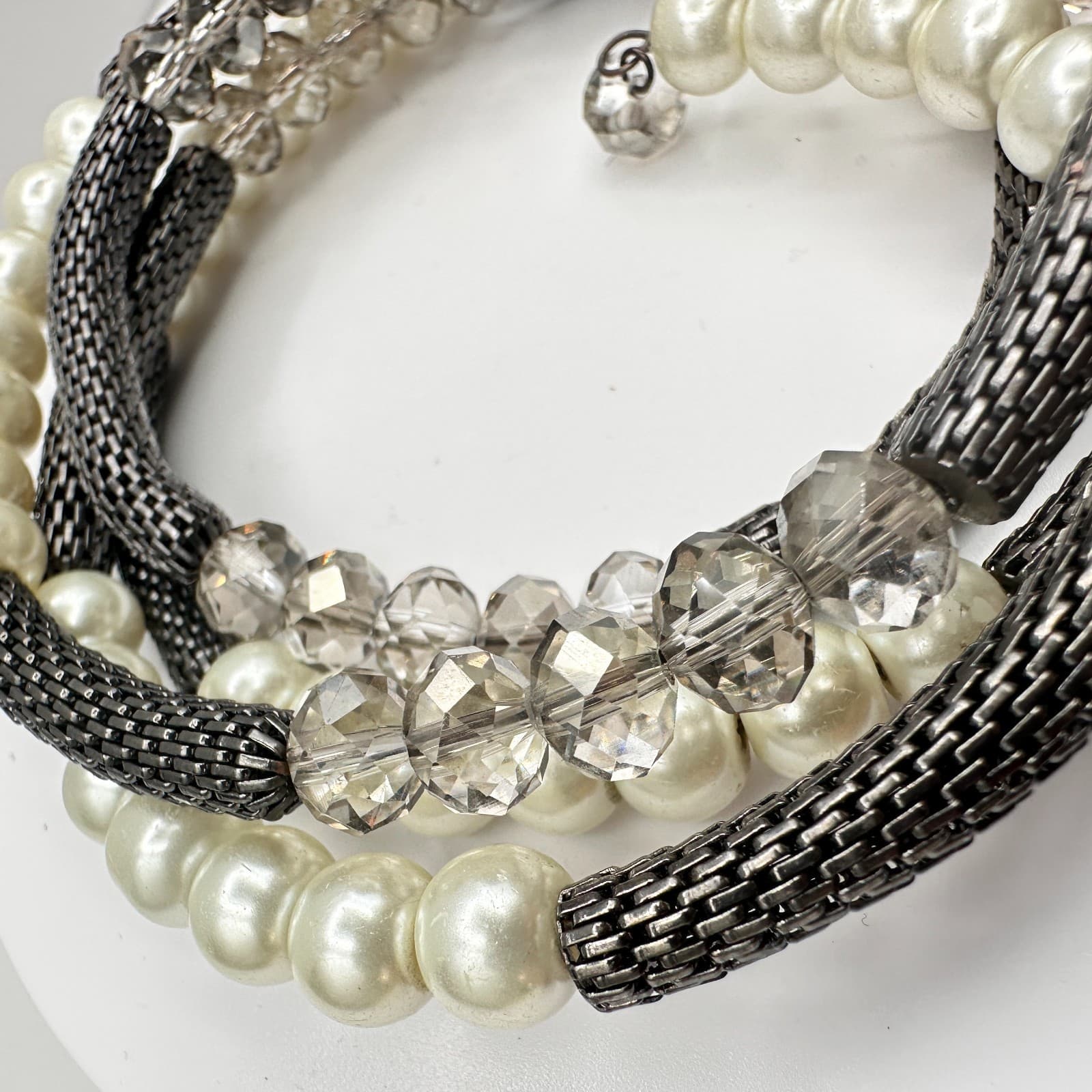 Vintage 90s Mixed Media Wrap Bracelet Pearl Glass Gunmetal Mesh Boho Statement - Thumbnail 8