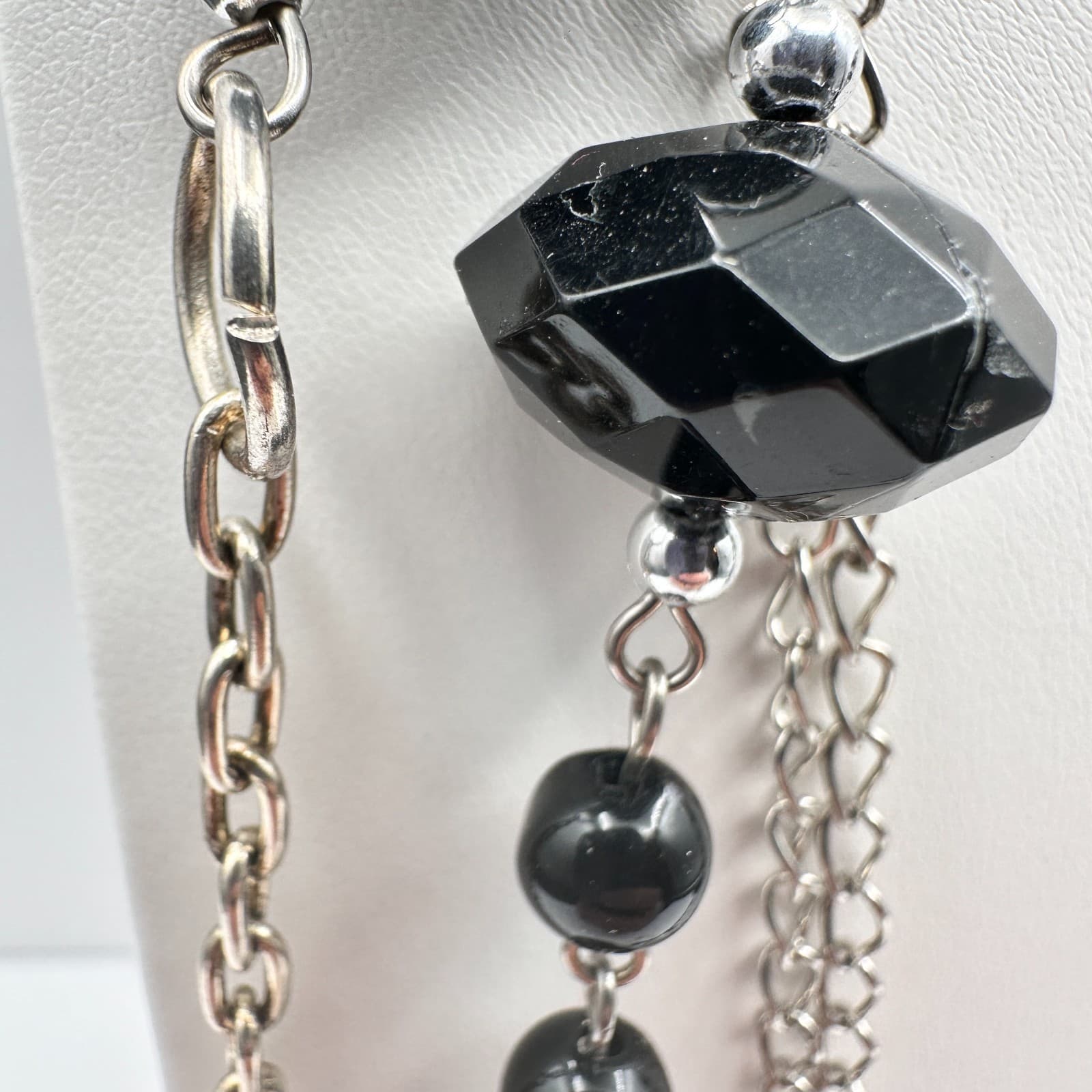 Vintage 90s Multi-Strand Silver Tone Layered Necklace Black Bead Boho Statement - Thumbnail 5