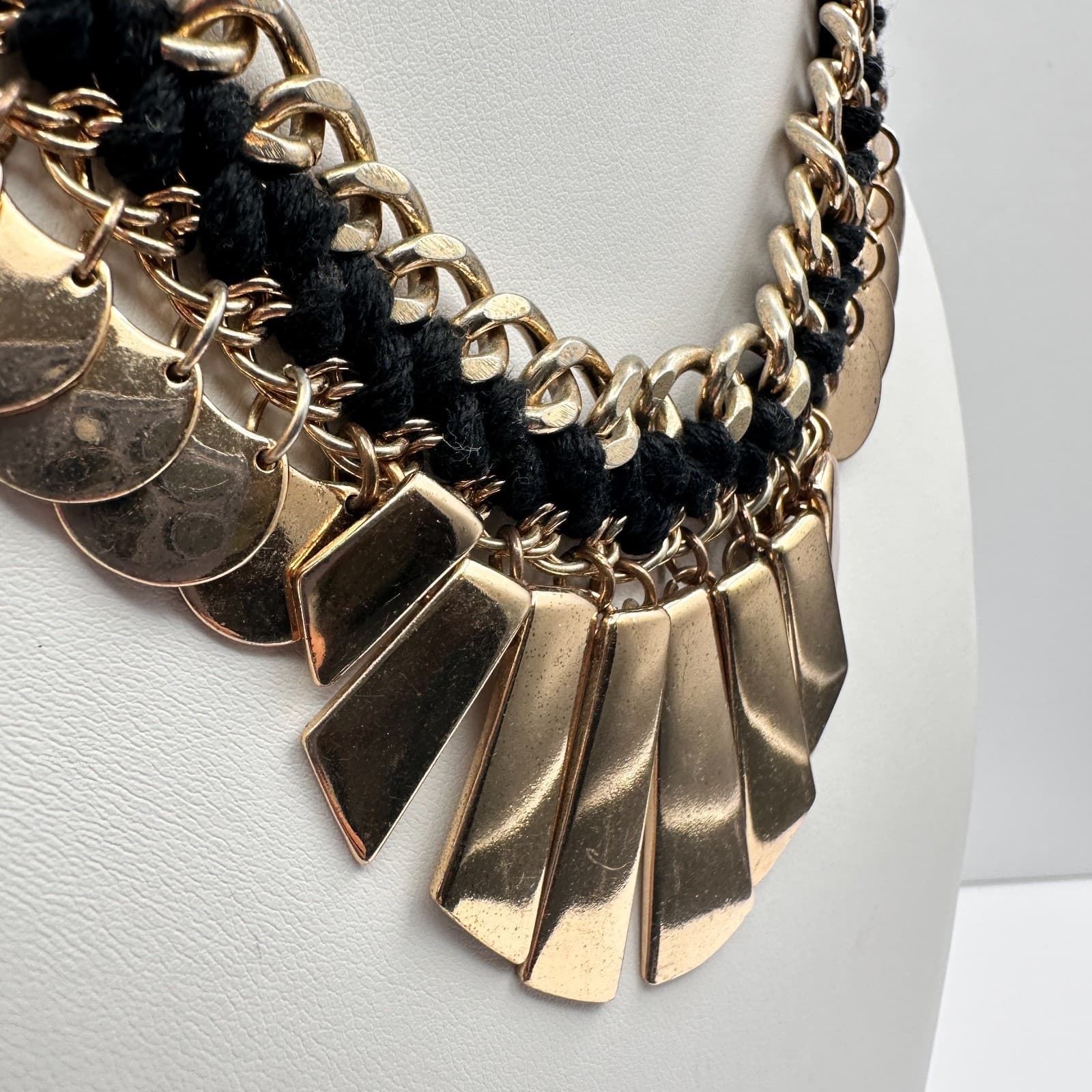 Vintage 90s Lalang Gold Tone Black Rope Chain Fringe Statement Necklace jewelry - Thumbnail 6