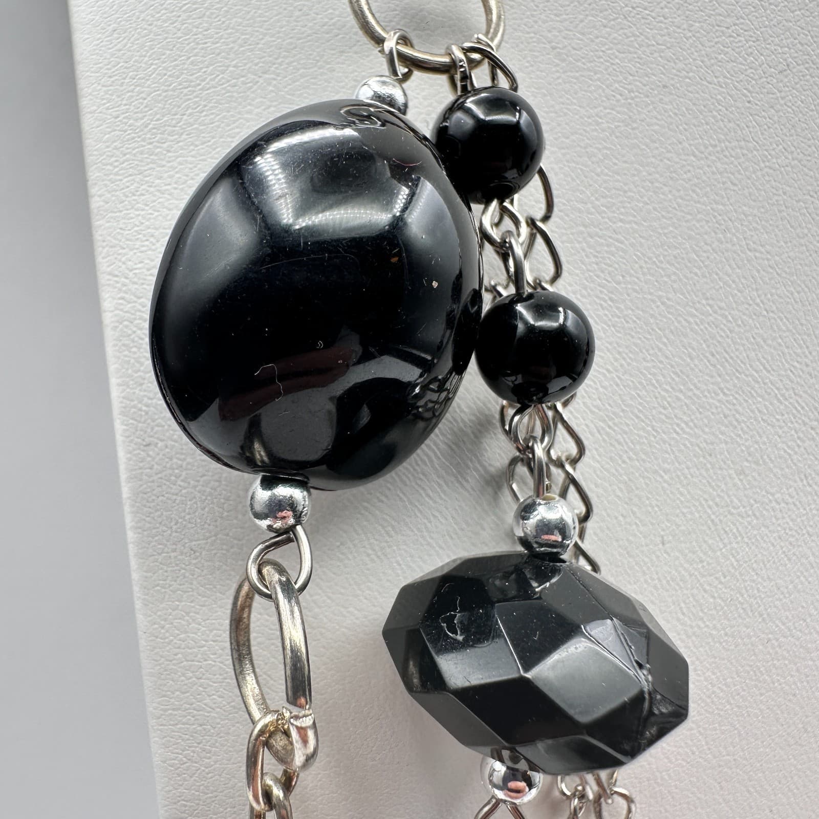 Vintage 90s Multi-Strand Silver Tone Layered Necklace Black Bead Boho Statement - Thumbnail 4