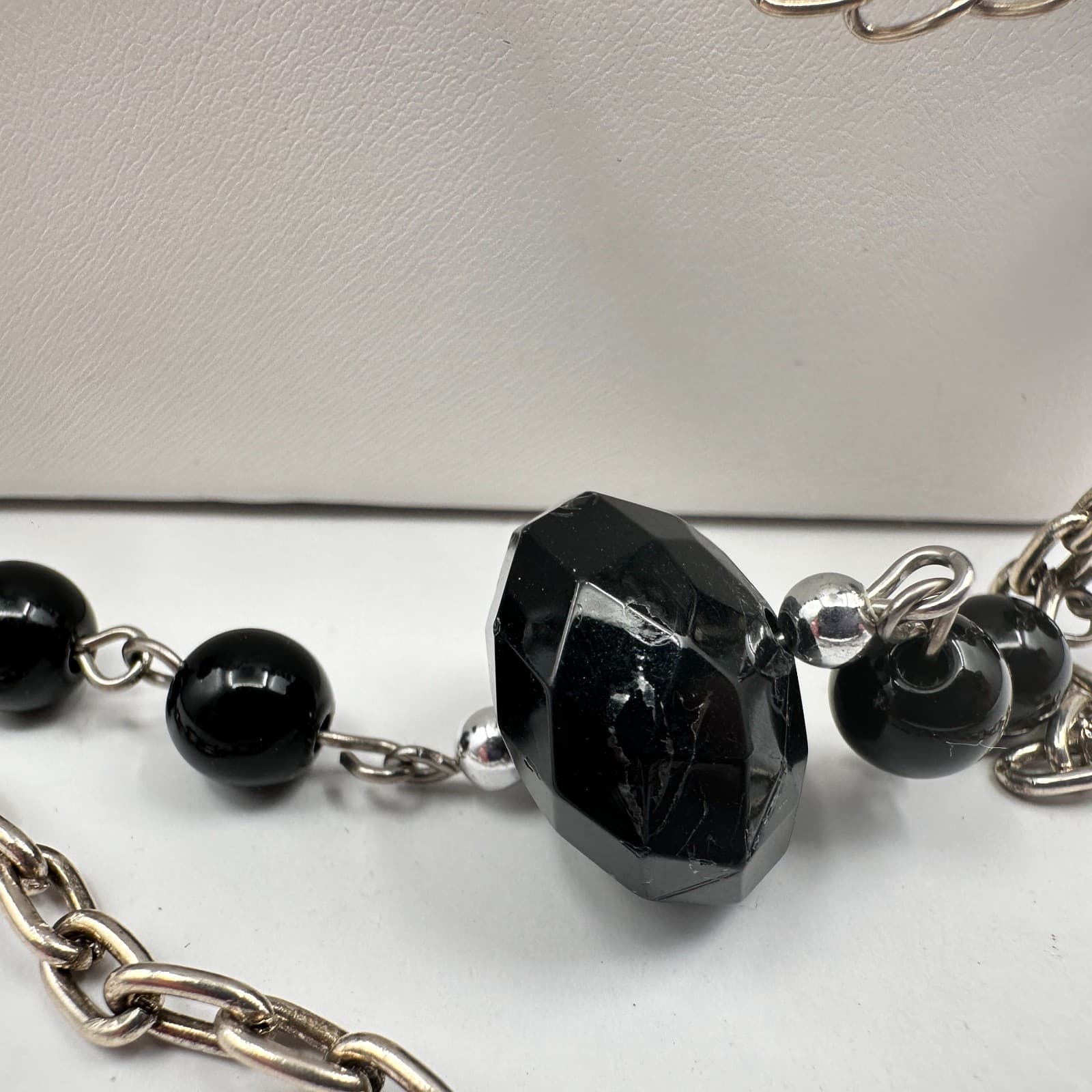 Vintage 90s Multi-Strand Silver Tone Layered Necklace Black Bead Boho Statement - Thumbnail 10