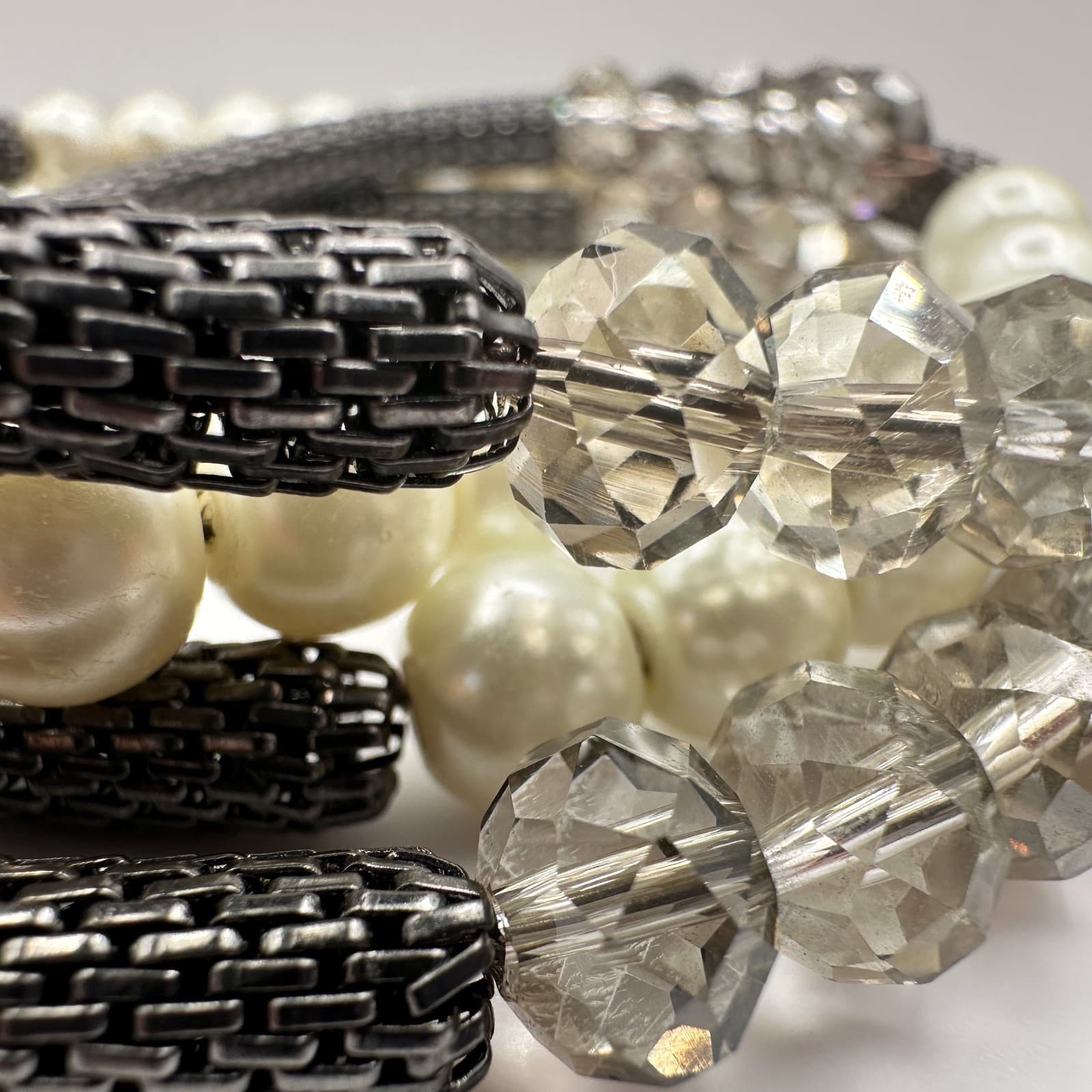 Vintage 90s Mixed Media Wrap Bracelet Pearl Glass Gunmetal Mesh Boho Statement - Thumbnail 10