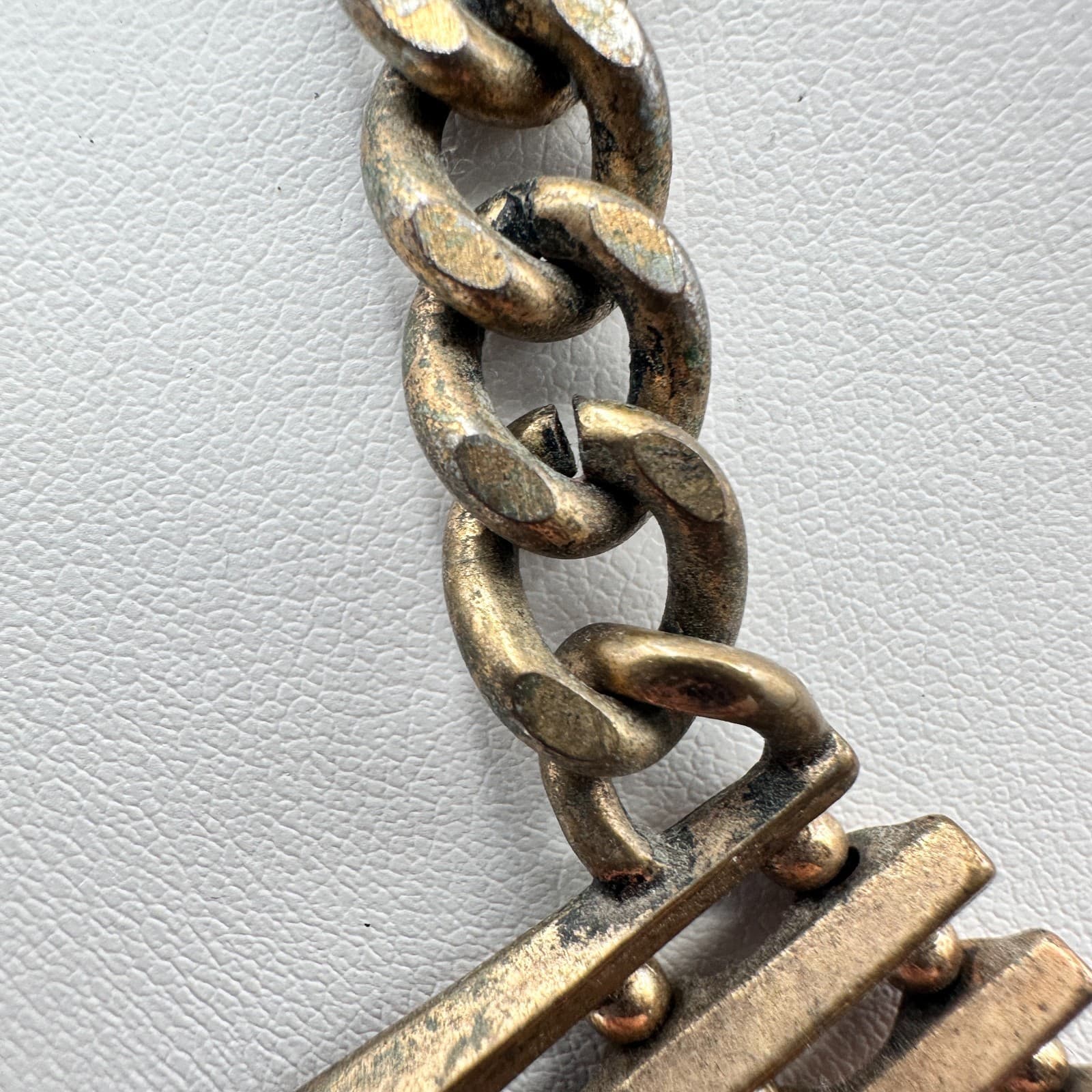 Vintage 80s Bronze Tone Egyptian Style Green White Stone Statement Necklace - Thumbnail 5