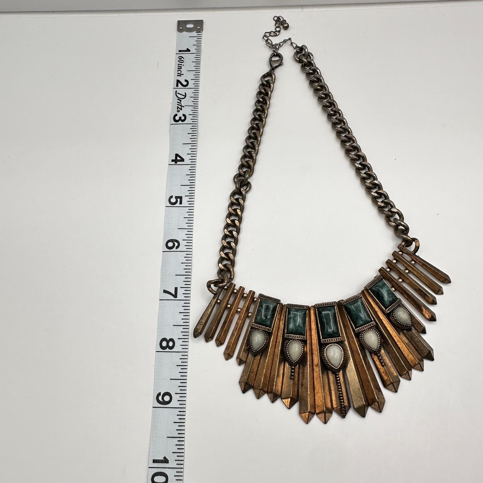 Vintage 80s Bronze Tone Egyptian Style Green White Stone Statement Necklace - Thumbnail 12