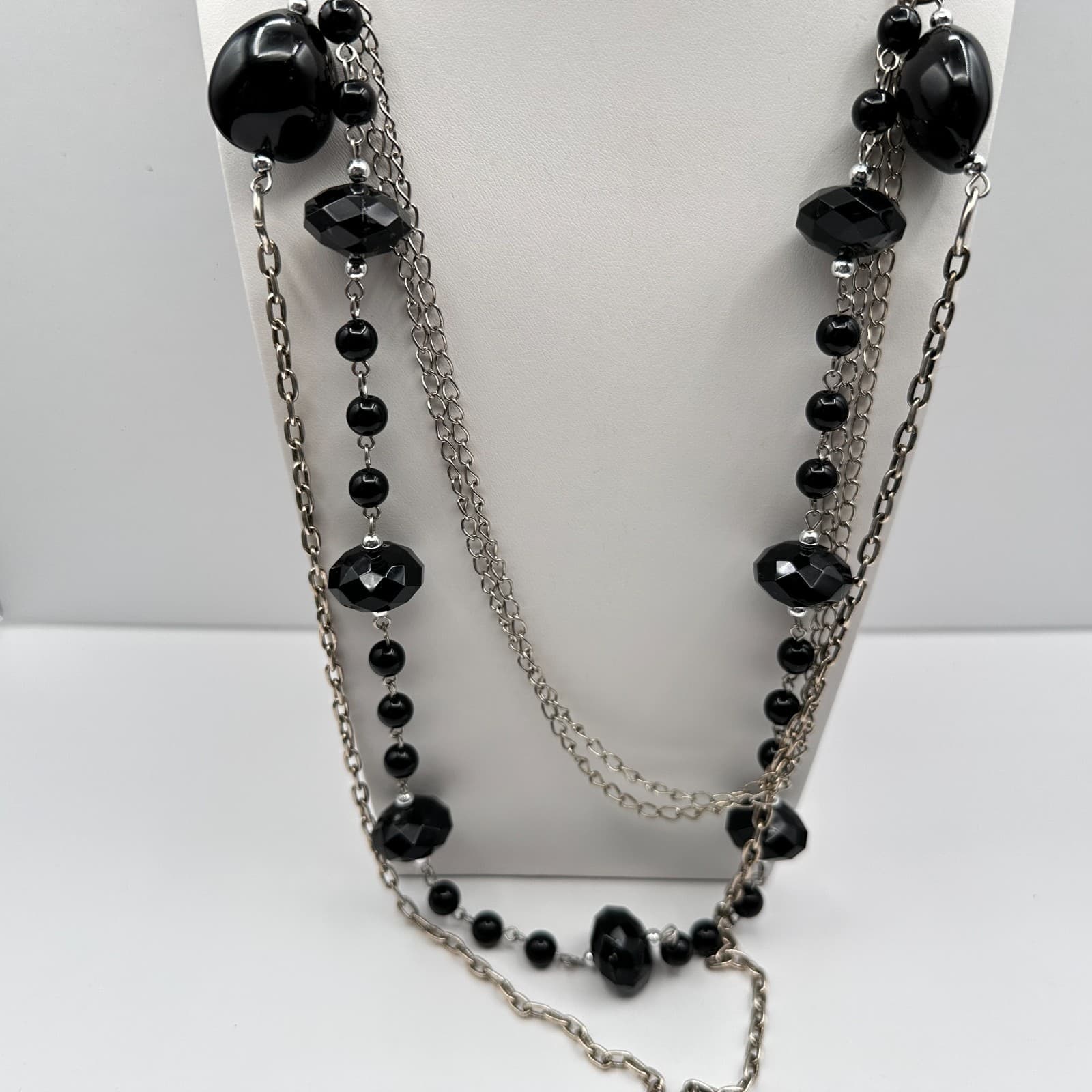 Vintage 90s Multi-Strand Silver Tone Layered Necklace Black Bead Boho Statement - Thumbnail 14