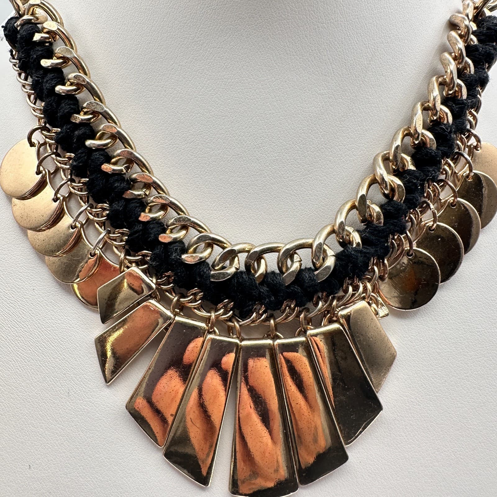 Vintage 90s Lalang Gold Tone Black Rope Chain Fringe Statement Necklace jewelry - Thumbnail 12