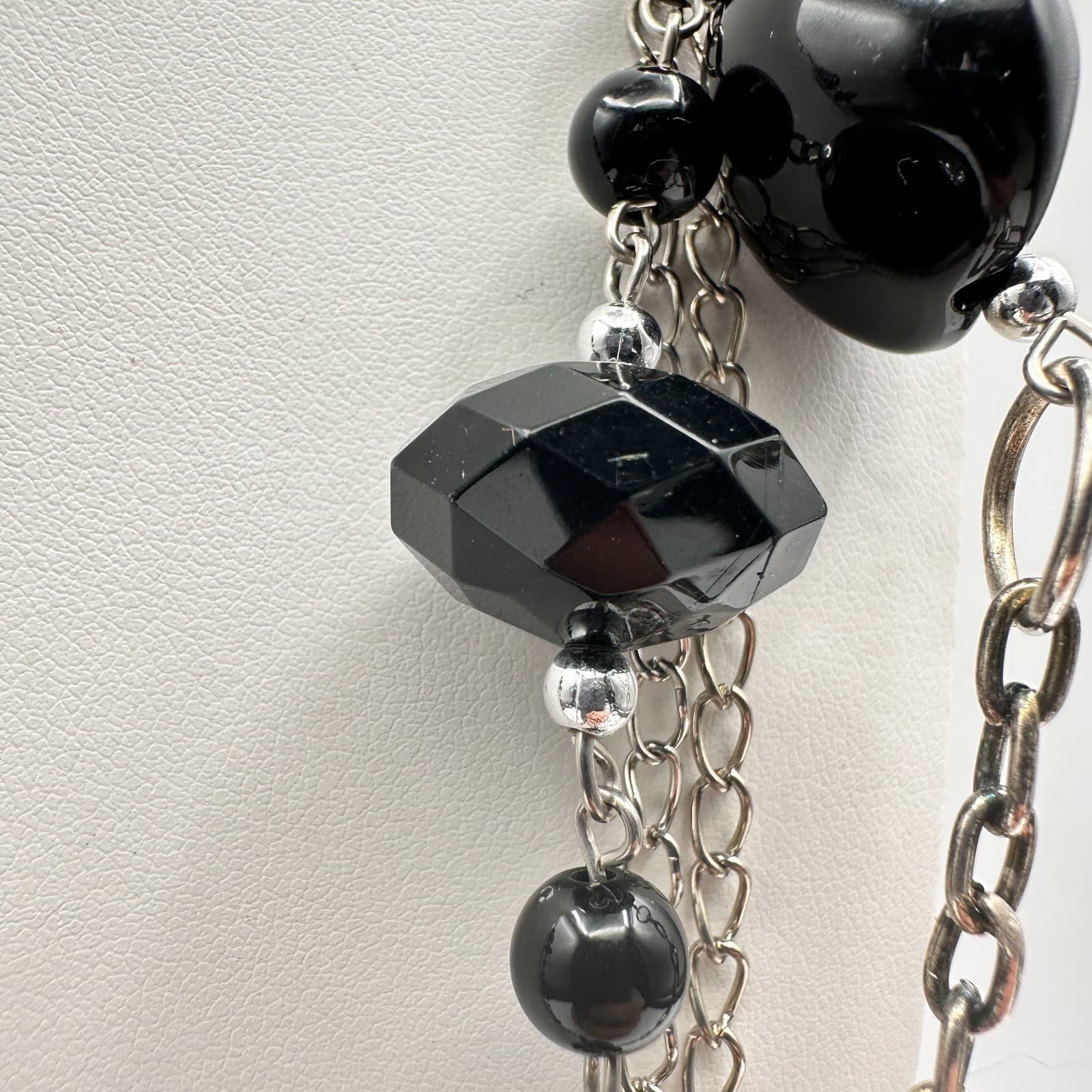 Vintage 90s Multi-Strand Silver Tone Layered Necklace Black Bead Boho Statement - Thumbnail 15