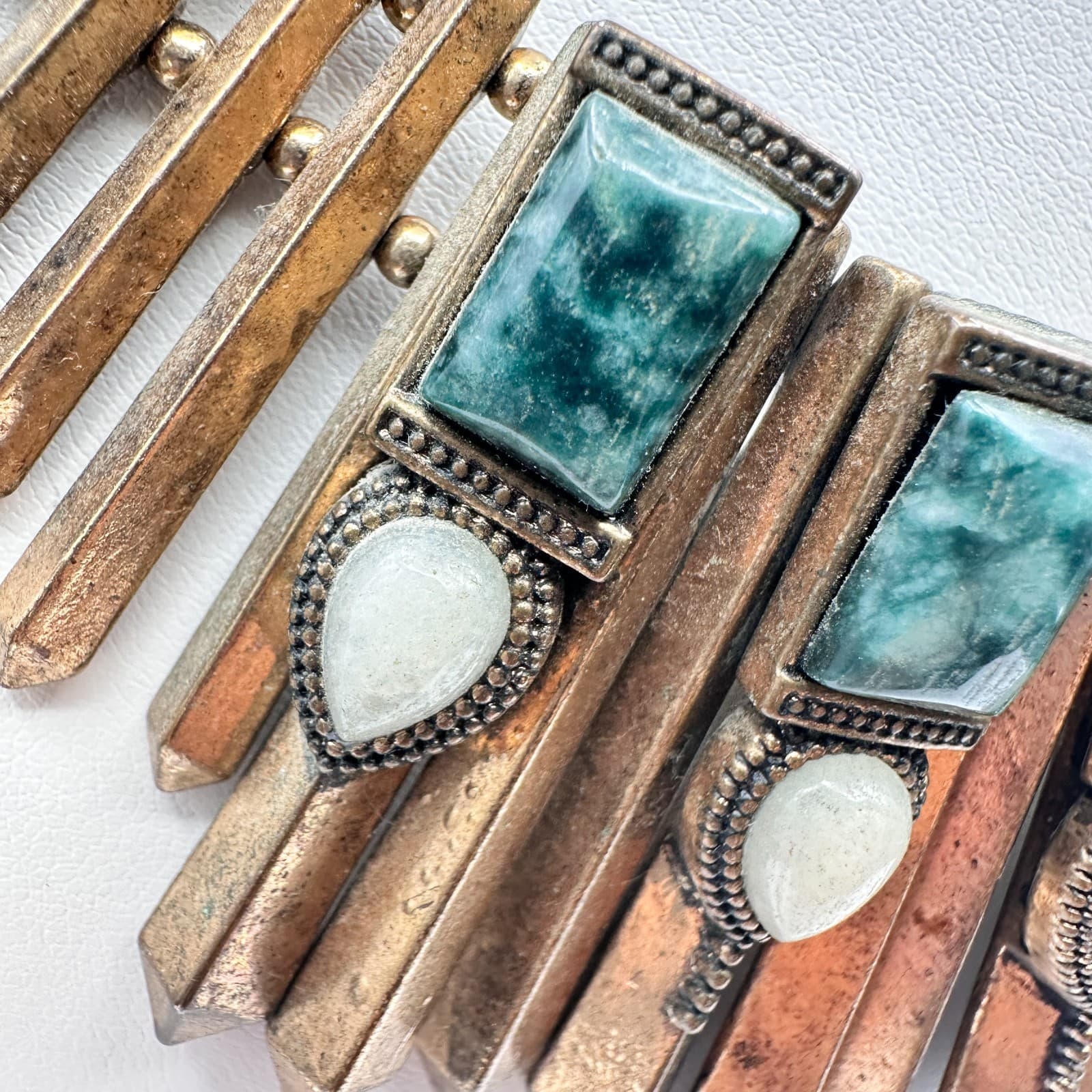 Vintage 80s Bronze Tone Egyptian Style Green White Stone Statement Necklace - Thumbnail 6