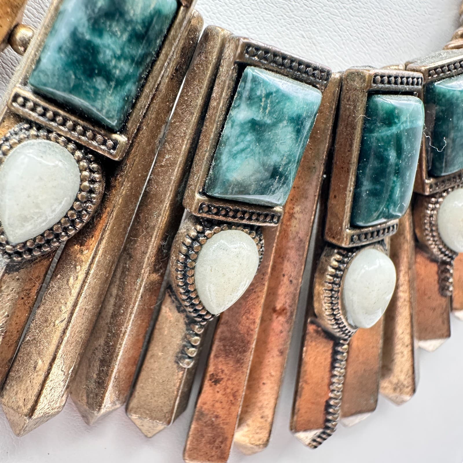 Vintage 80s Bronze Tone Egyptian Style Green White Stone Statement Necklace - Thumbnail 7