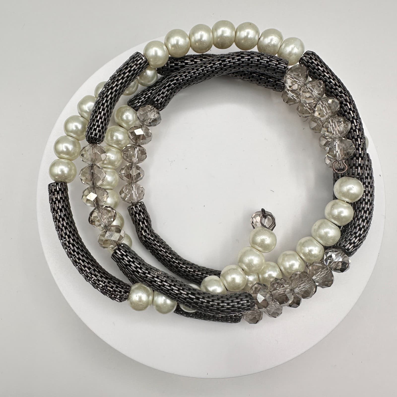 Vintage 90s Mixed Media Wrap Bracelet Pearl Glass Gunmetal Mesh Boho Statement - Image 1