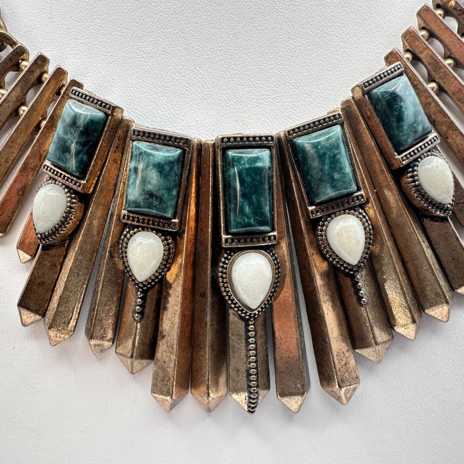 Vintage 80s Bronze Tone Egyptian Style Green White Stone Statement Necklace - Thumbnail 9