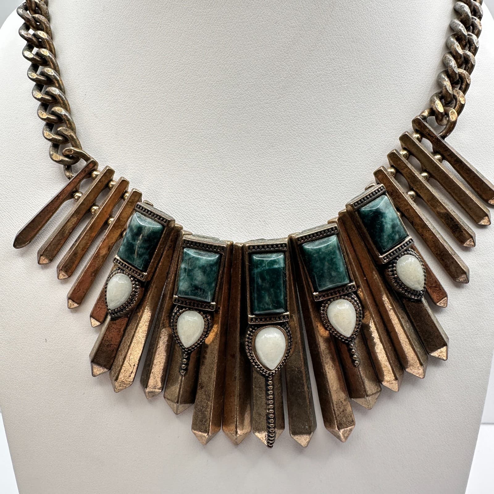 Vintage 80s Bronze Tone Egyptian Style Green White Stone Statement Necklace - Thumbnail 2