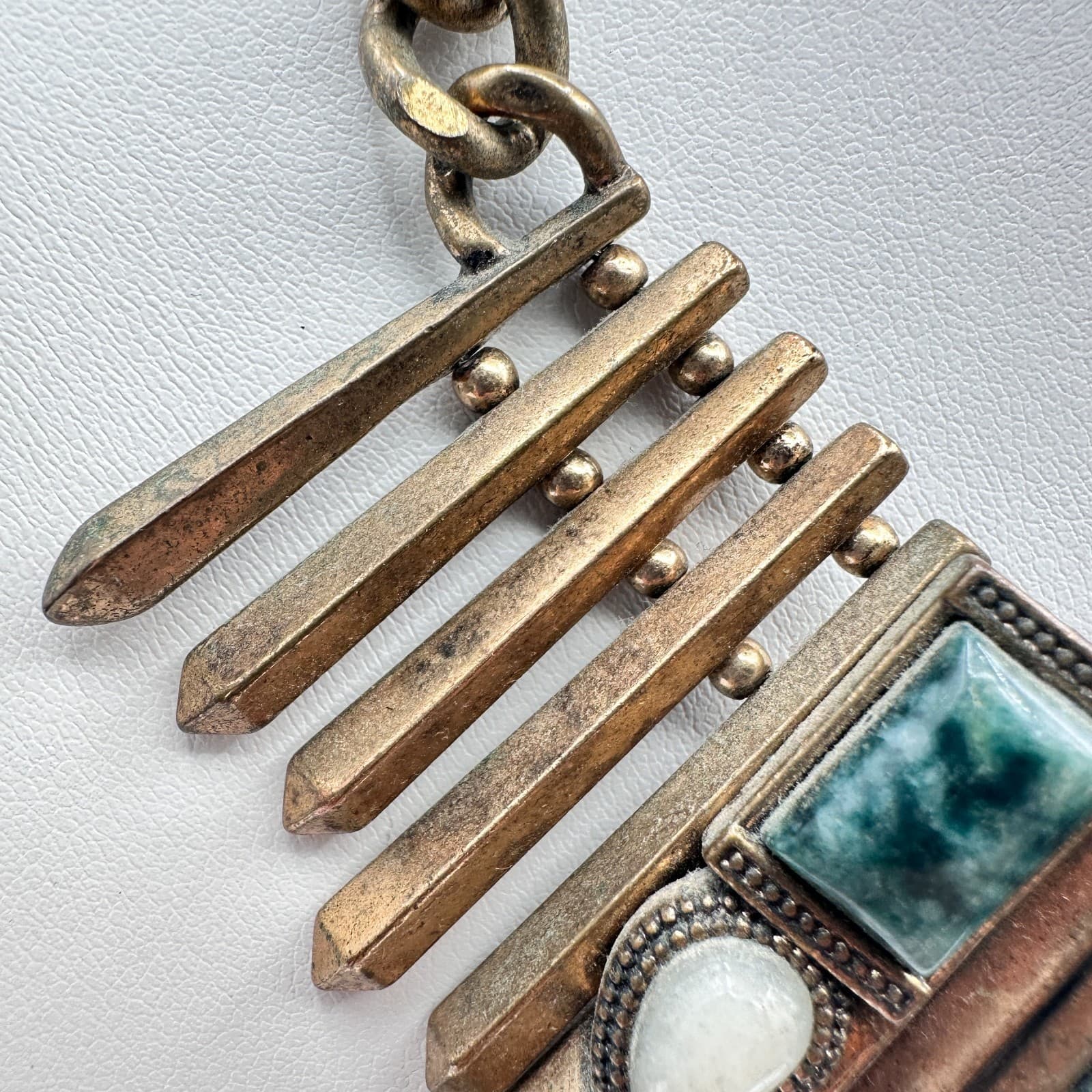 Vintage 80s Bronze Tone Egyptian Style Green White Stone Statement Necklace - Thumbnail 4