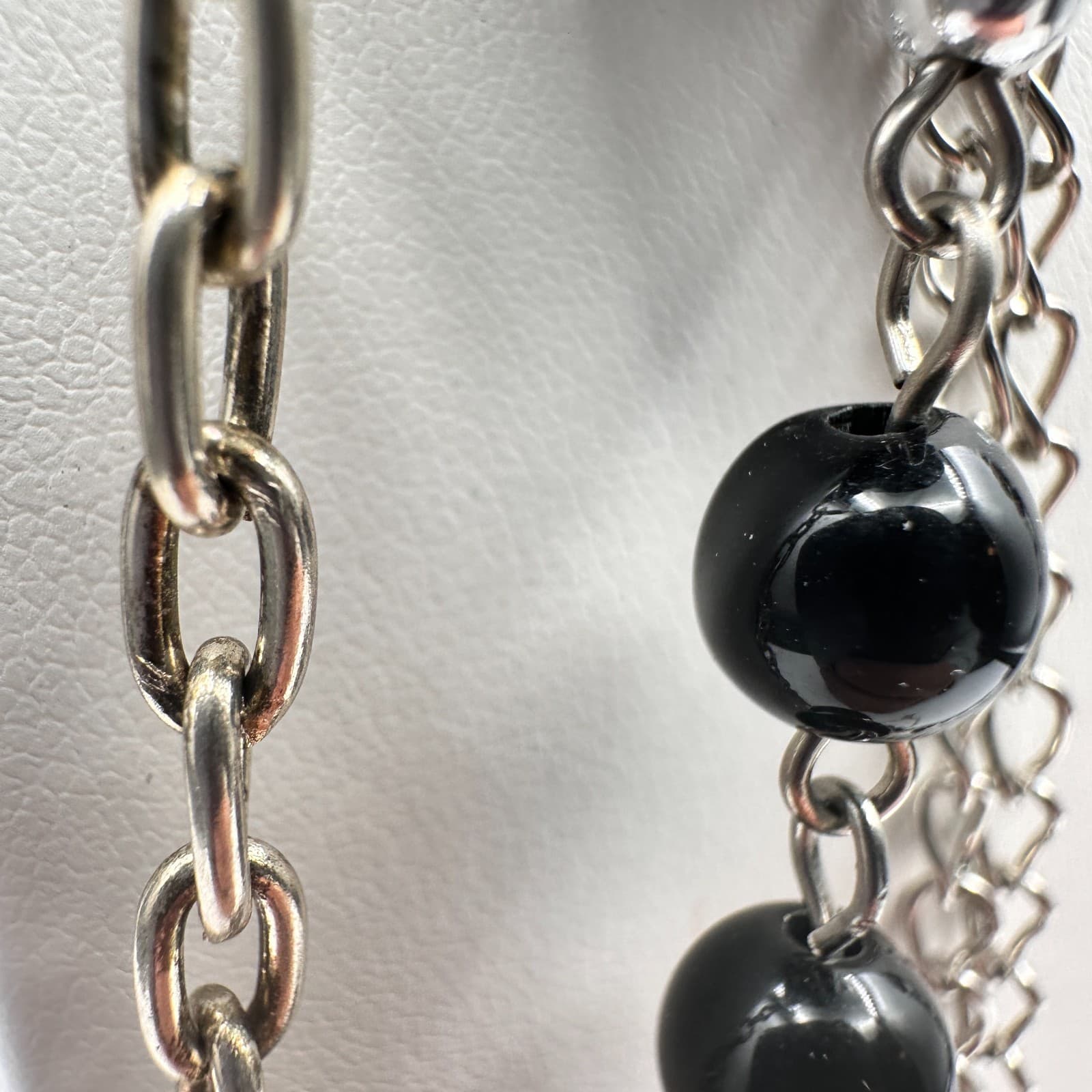 Vintage 90s Multi-Strand Silver Tone Layered Necklace Black Bead Boho Statement - Thumbnail 8