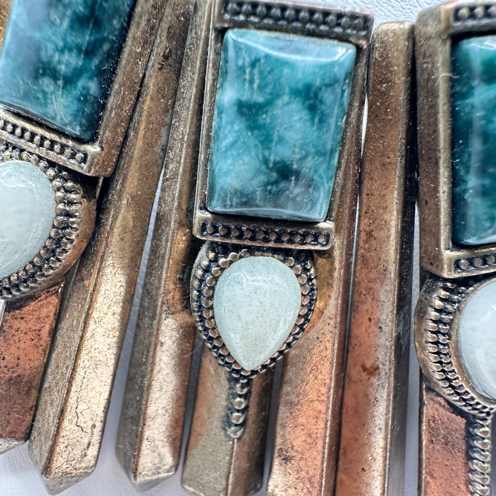 Vintage 80s Bronze Tone Egyptian Style Green White Stone Statement Necklace - Thumbnail 8