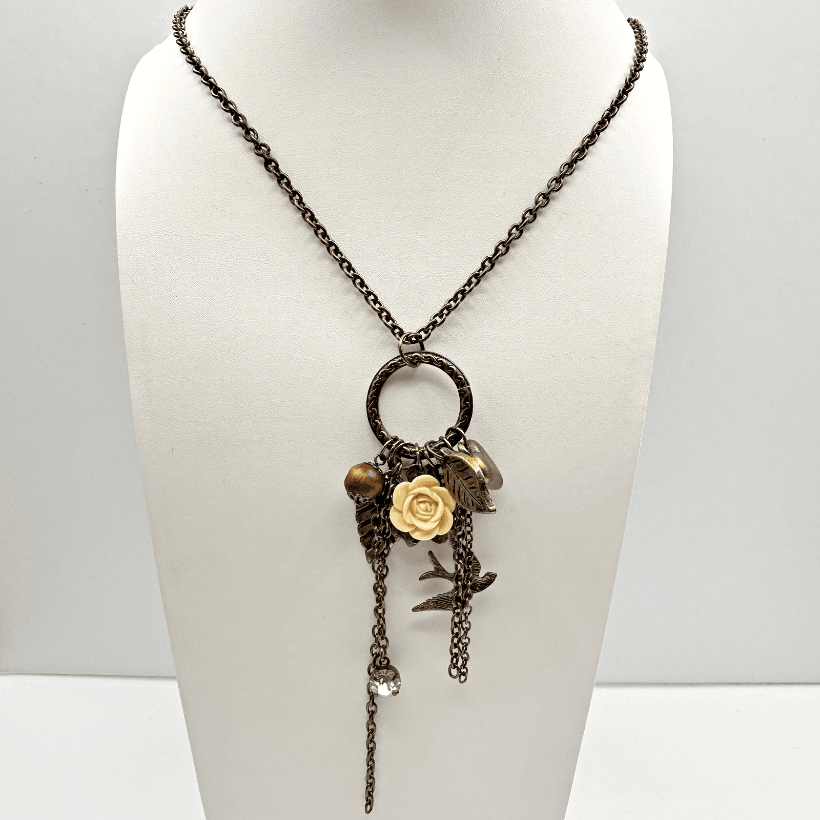 Vintage 90s Nature Charm Bronze Tone Necklace Rose Bird Leaf Boho Statement - Image 1