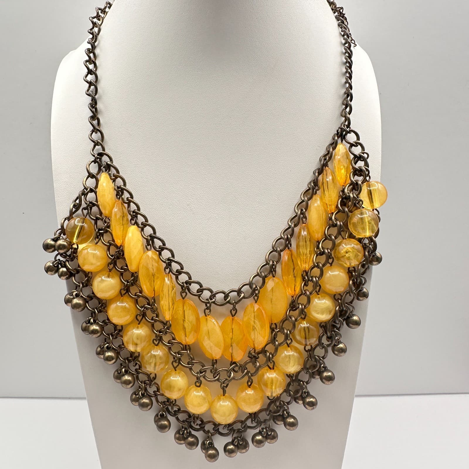 Vintage 90s Bib Necklace Yellow Glass Beads Bronze Tone Multi Strand Jewelry - Image 1