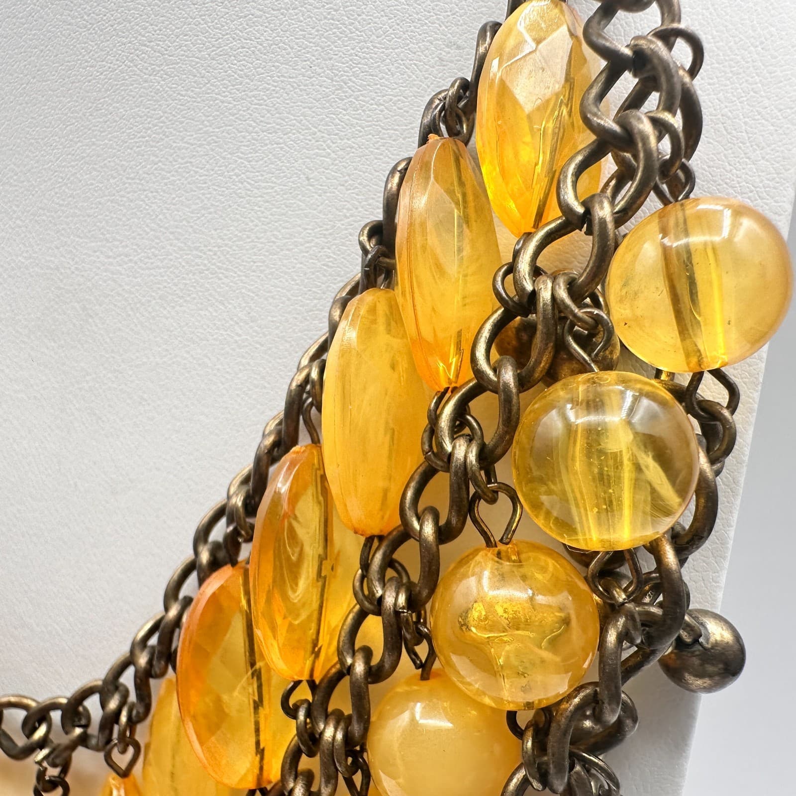 Vintage 90s Bib Necklace Yellow Glass Beads Bronze Tone Multi Strand Jewelry - Thumbnail 7