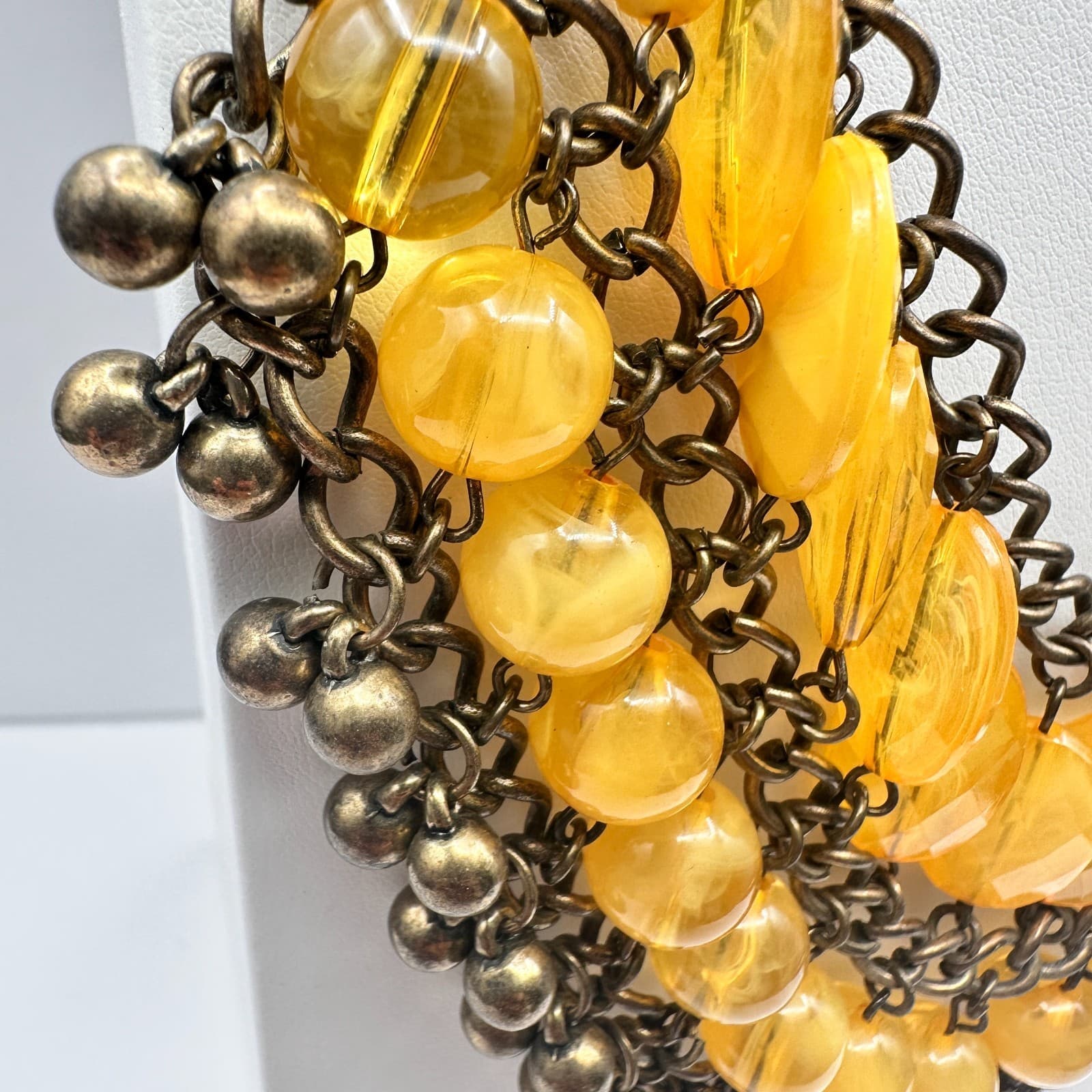 Vintage 90s Bib Necklace Yellow Glass Beads Bronze Tone Multi Strand Jewelry - Thumbnail 9