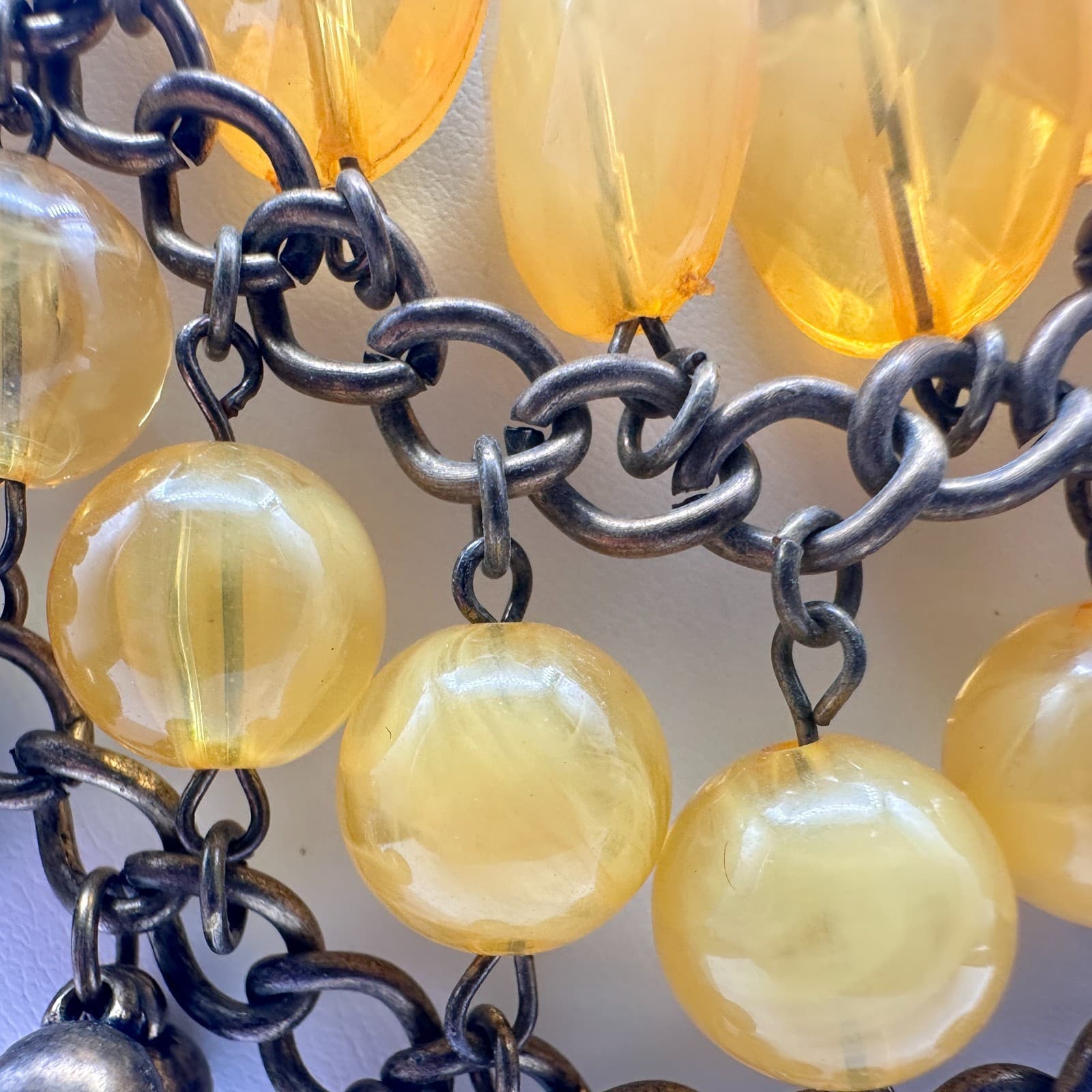 Vintage 90s Bib Necklace Yellow Glass Beads Bronze Tone Multi Strand Jewelry - Thumbnail 15