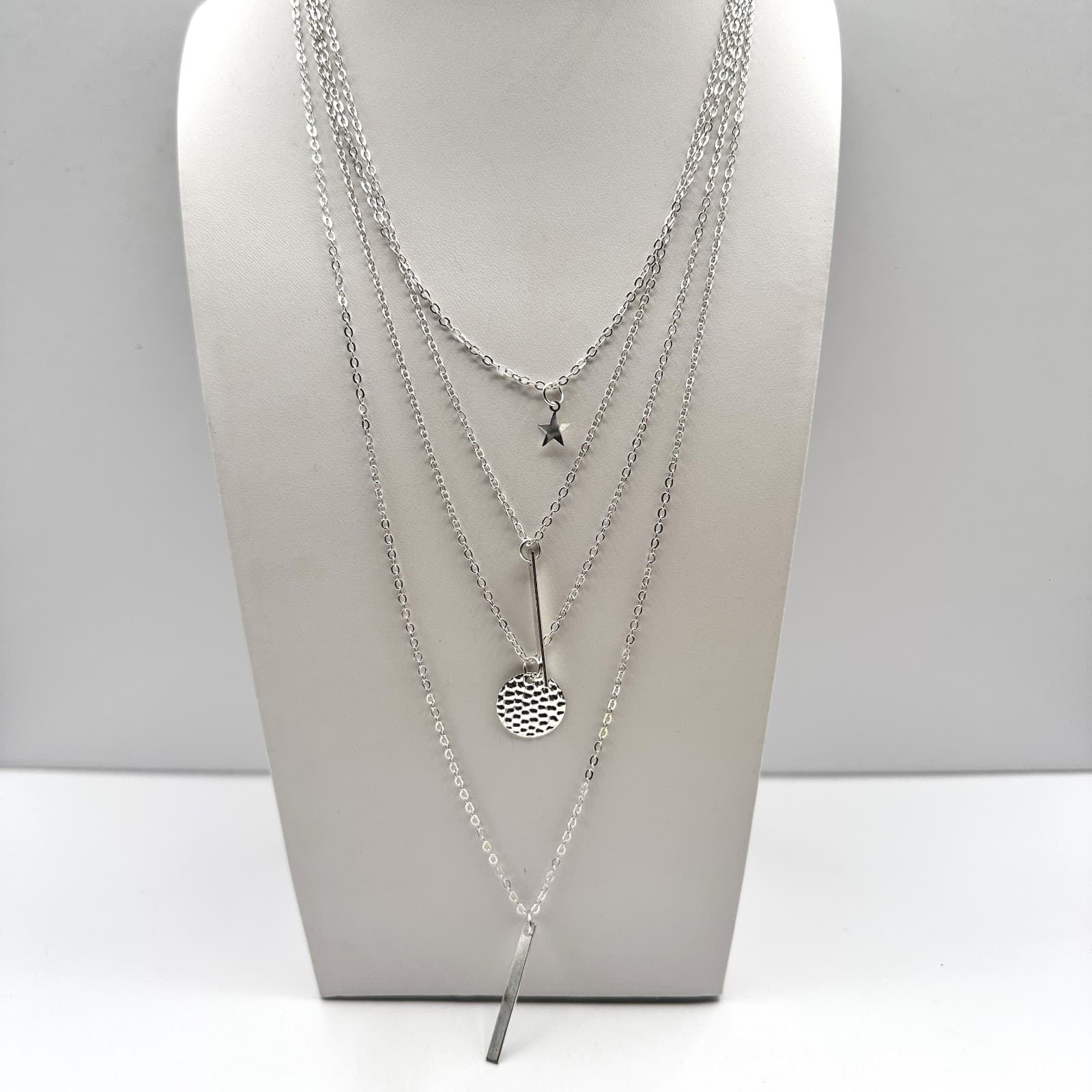 Vintage Y2K Silver Multi-Layered Necklace Star Geometric Vertical Bar Hammered - Image 1