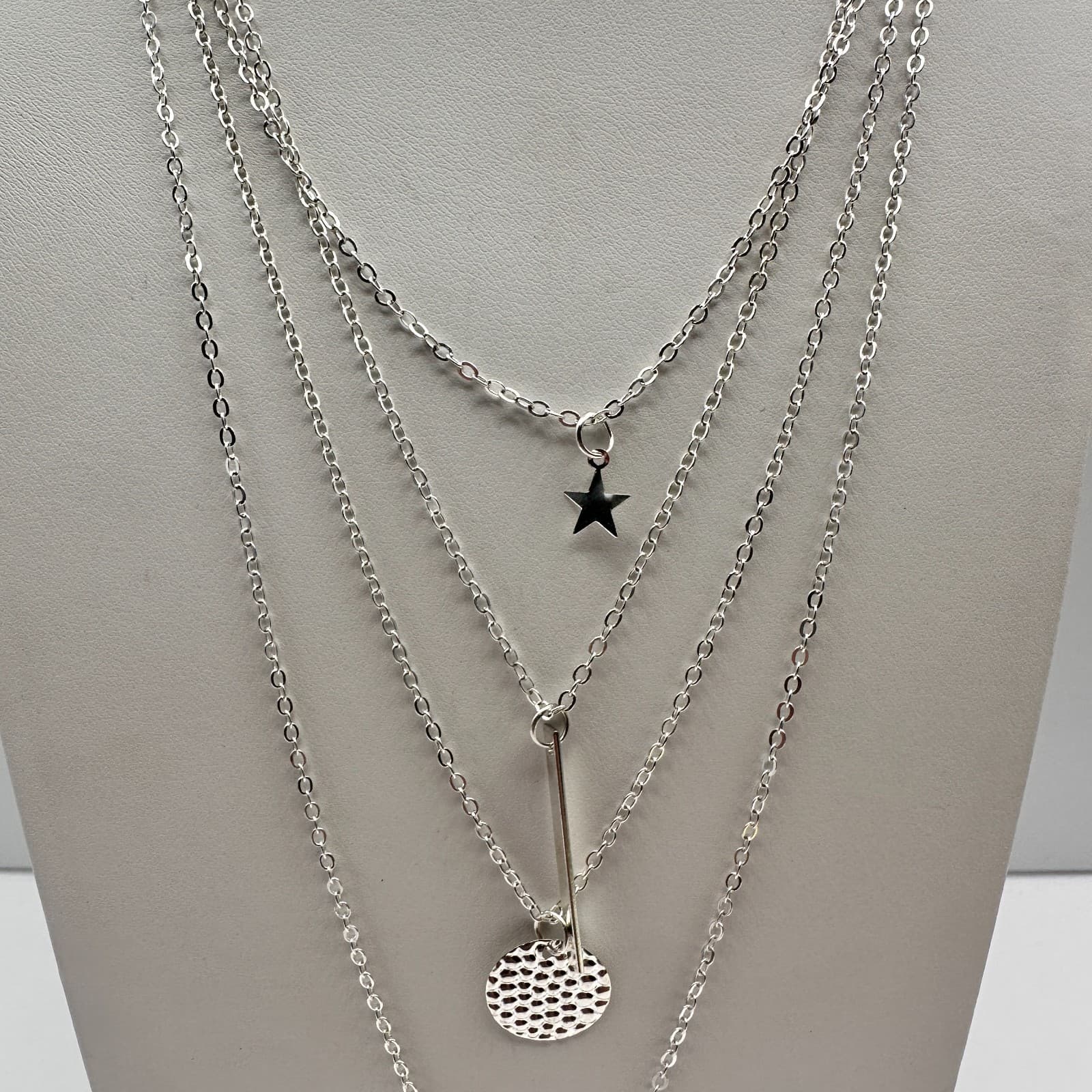 Vintage Y2K Silver Multi-Layered Necklace Star Geometric Vertical Bar Hammered - Thumbnail 2