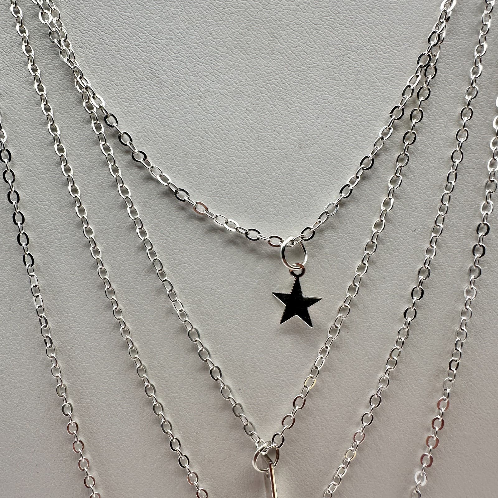 Vintage Y2K Silver Multi-Layered Necklace Star Geometric Vertical Bar Hammered - Thumbnail 3