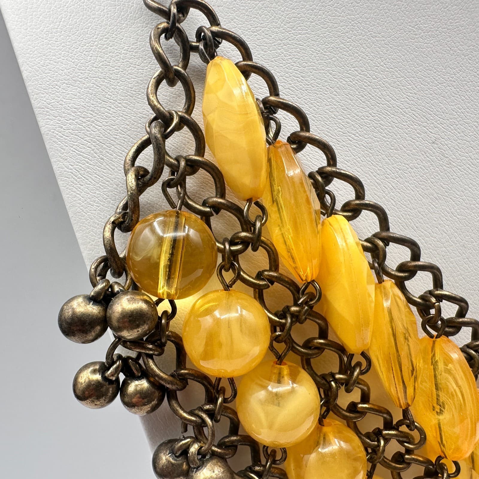 Vintage 90s Bib Necklace Yellow Glass Beads Bronze Tone Multi Strand Jewelry - Thumbnail 3