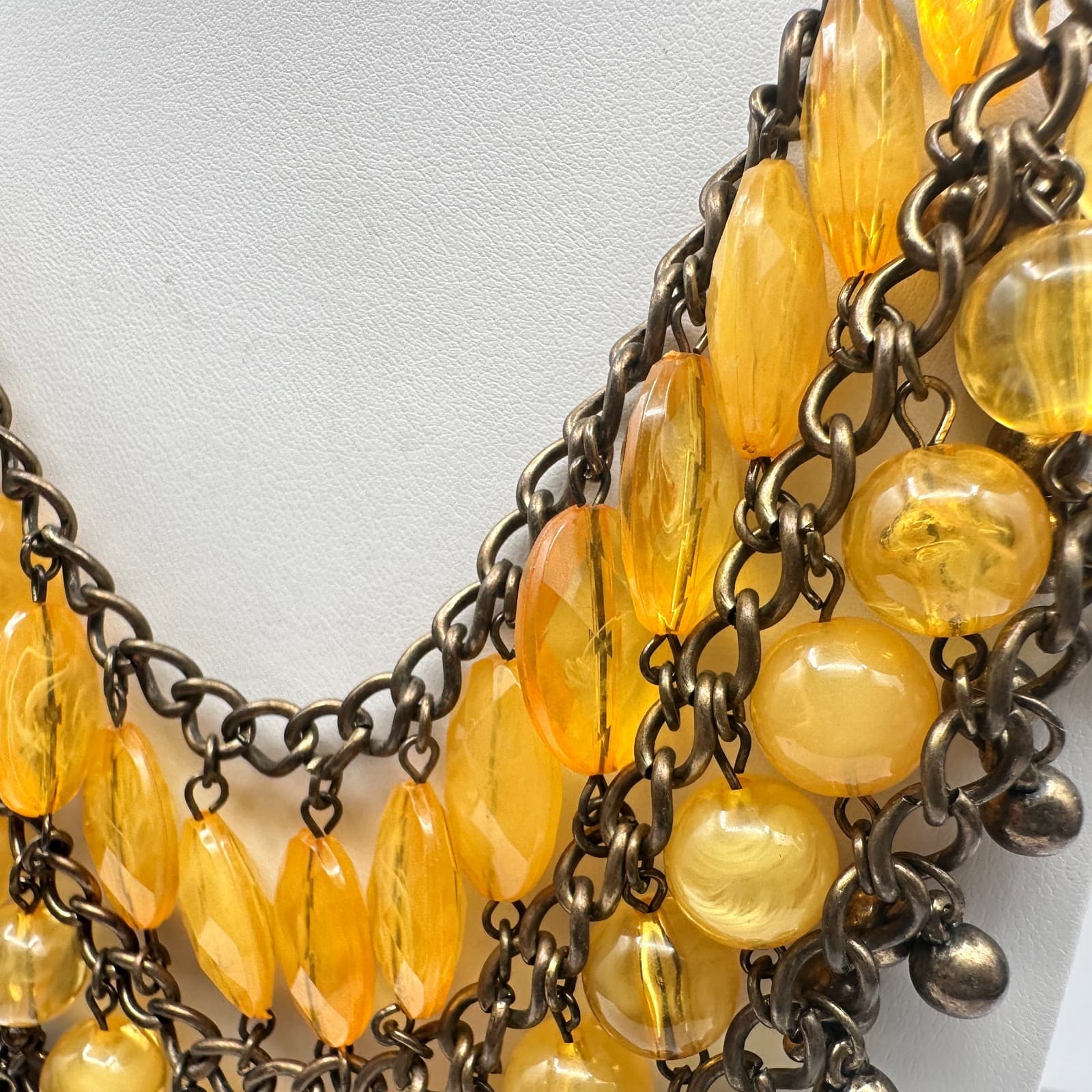 Vintage 90s Bib Necklace Yellow Glass Beads Bronze Tone Multi Strand Jewelry - Thumbnail 6