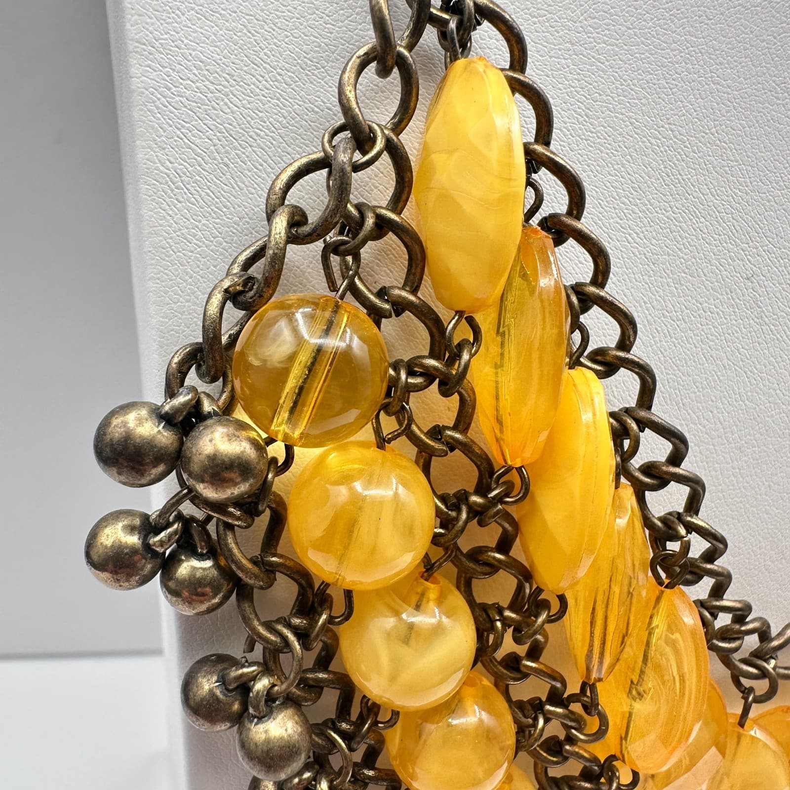 Vintage 90s Bib Necklace Yellow Glass Beads Bronze Tone Multi Strand Jewelry - Thumbnail 8