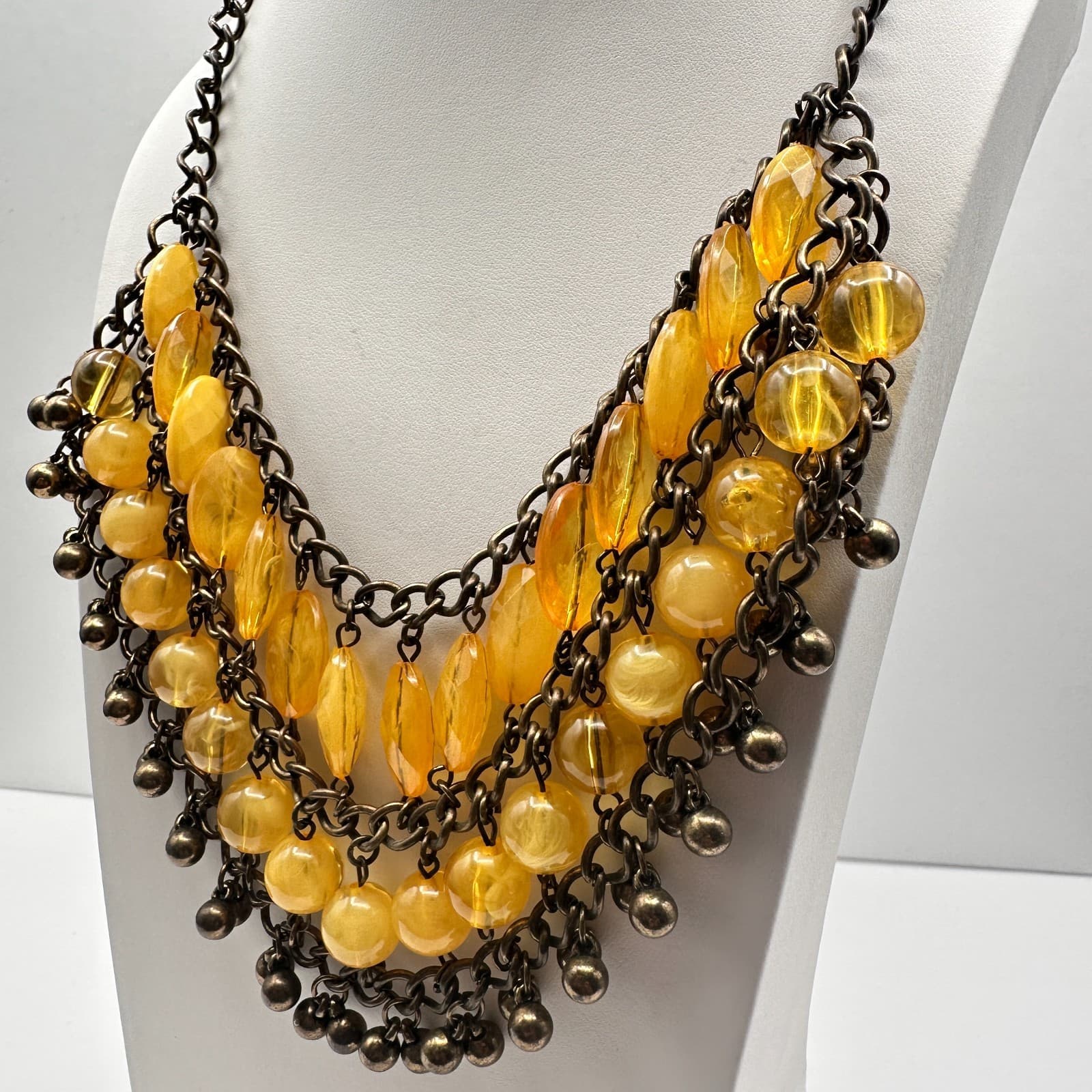 Vintage 90s Bib Necklace Yellow Glass Beads Bronze Tone Multi Strand Jewelry - Thumbnail 12