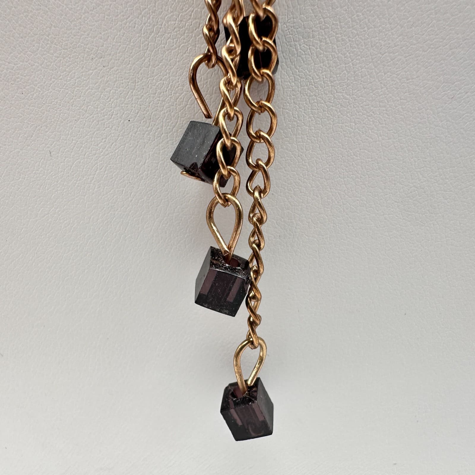 Vintage 90s Gold Tone Double Hoop Tassel Necklace Purple Glass Cube Boho - Thumbnail 4