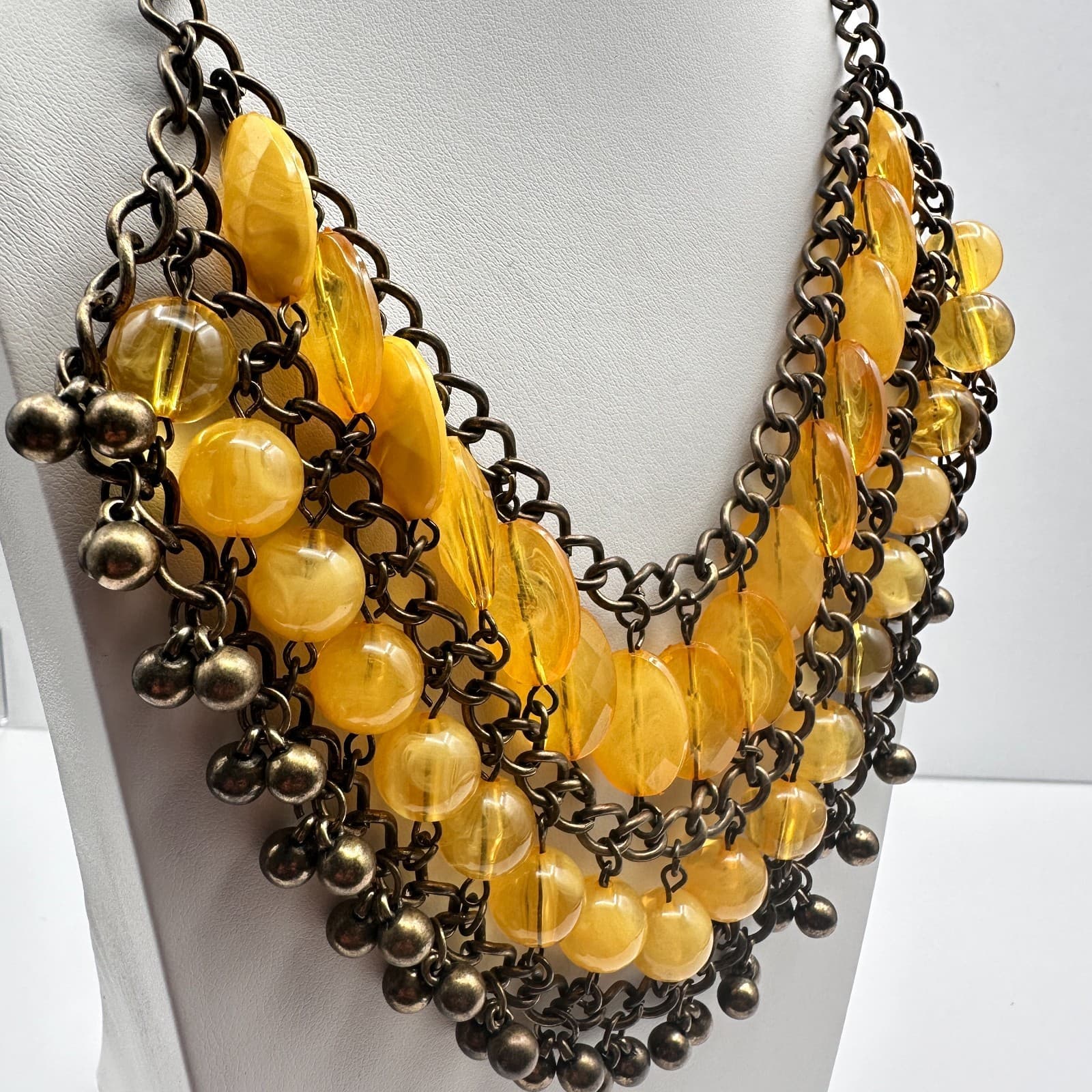 Vintage 90s Bib Necklace Yellow Glass Beads Bronze Tone Multi Strand Jewelry - Thumbnail 13