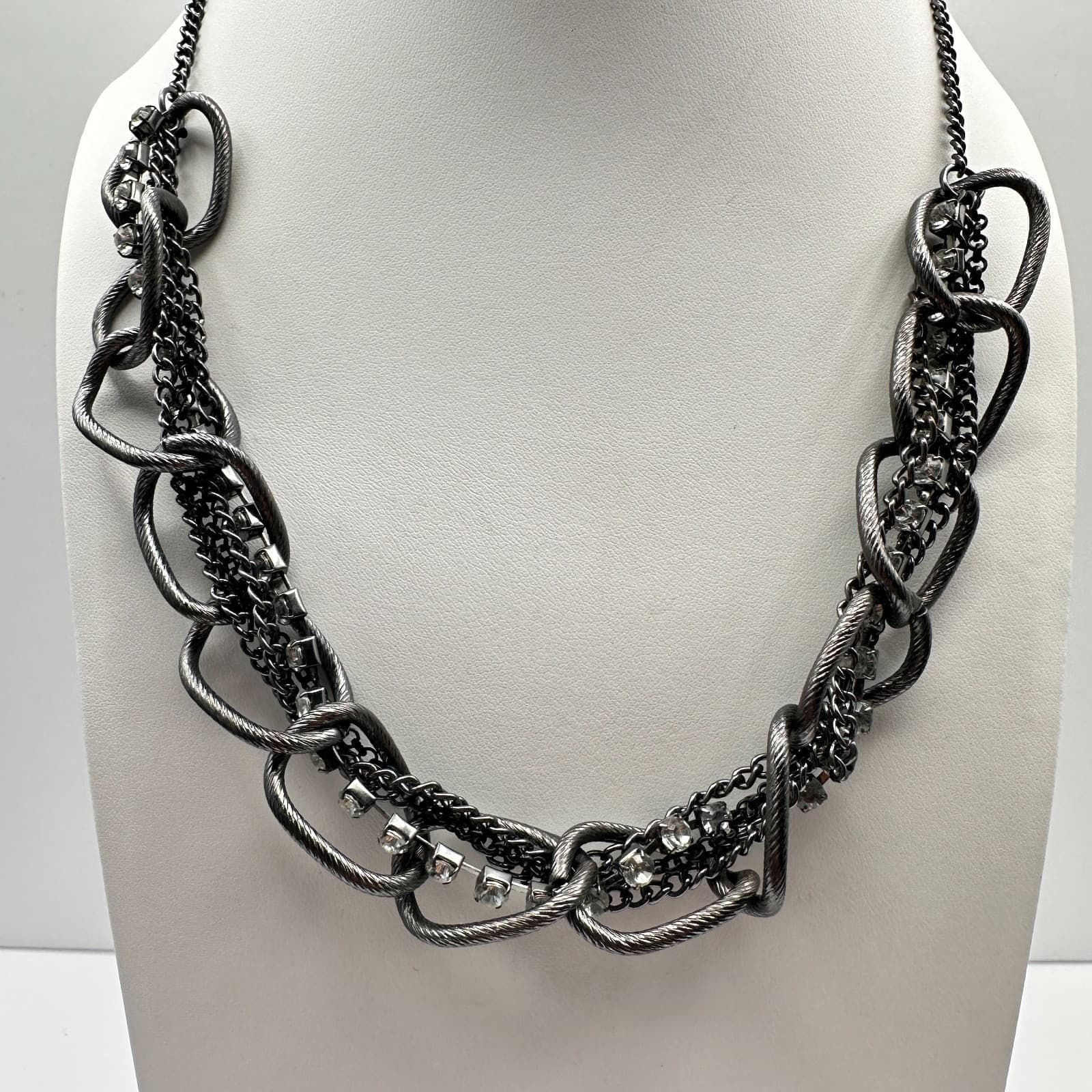 Vintage 90s Cookie Lee Silver Tone Twisted Chain Rhinestone Choker Necklace - Thumbnail 2