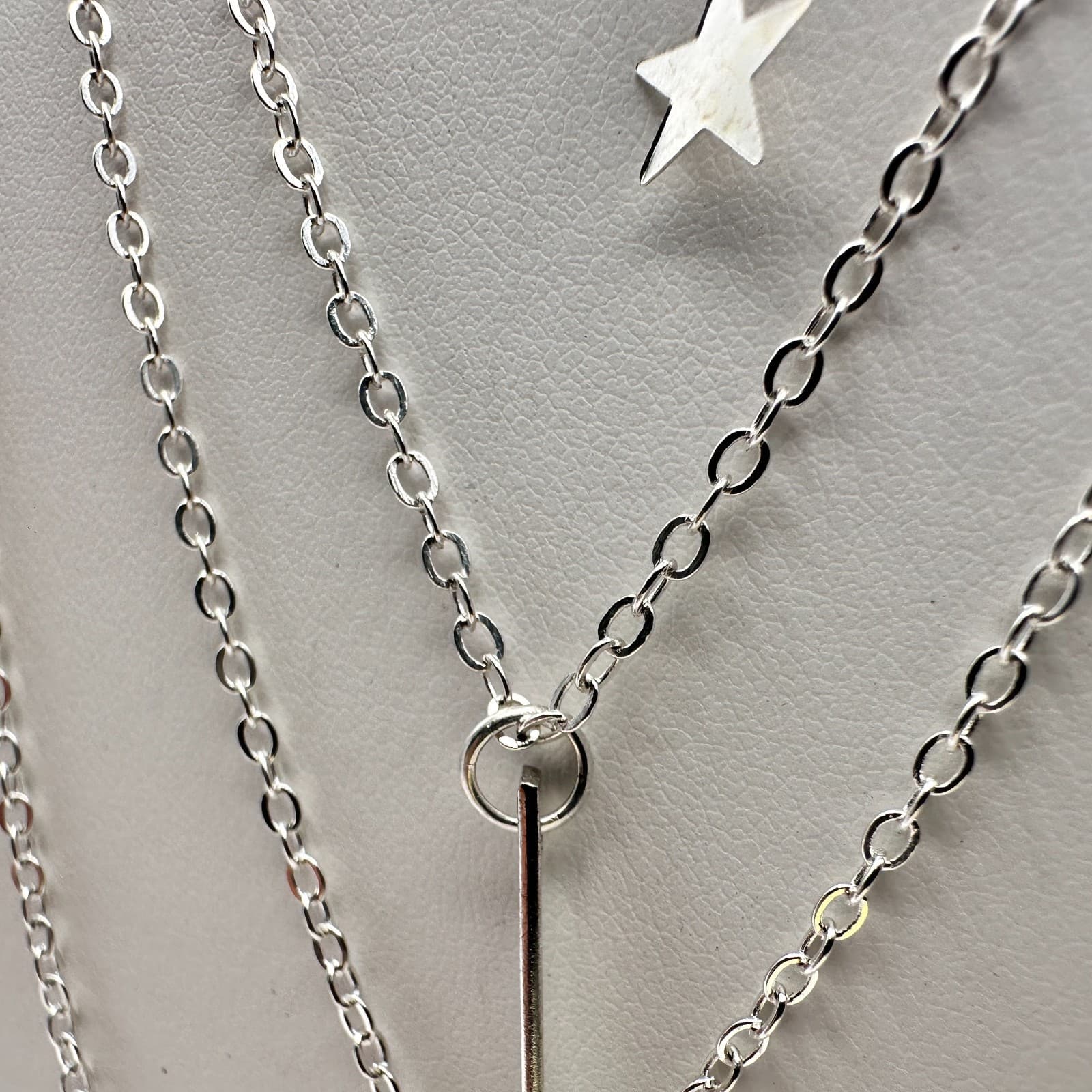 Vintage Y2K Silver Multi-Layered Necklace Star Geometric Vertical Bar Hammered - Thumbnail 9