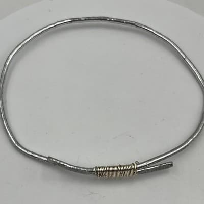 Artisan Hammered Silver Tone Bangle Bracelet, Mixed Metal Wire Wrap, Stackable - Thumbnail 2