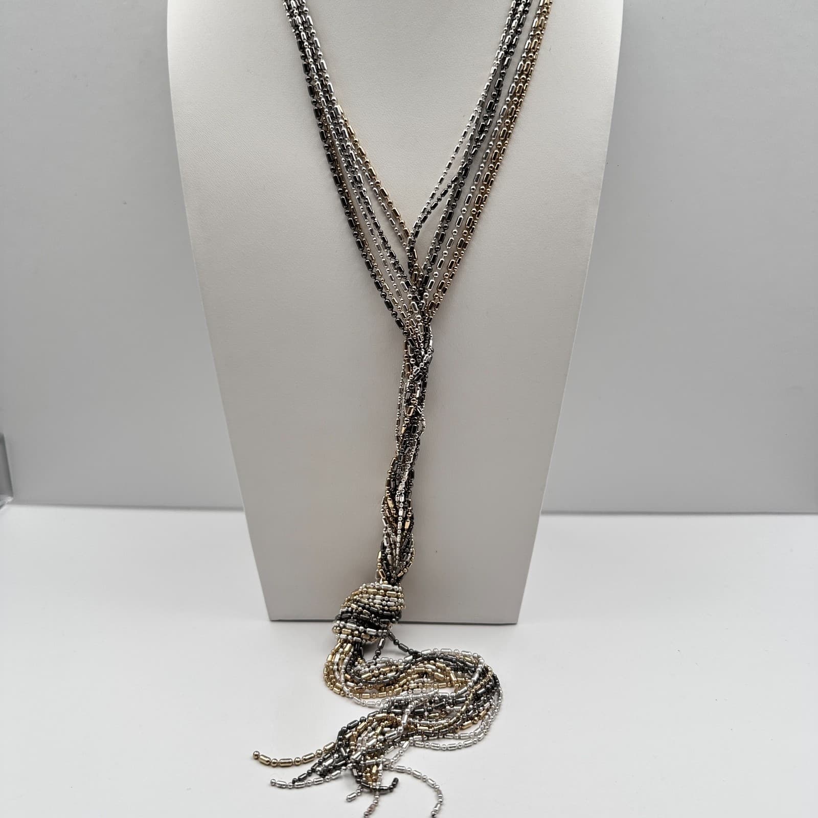 Vintage 90s Multi-Tone Multi-Strand Ball Bar Chain Tassel Statement Necklace - Image 1