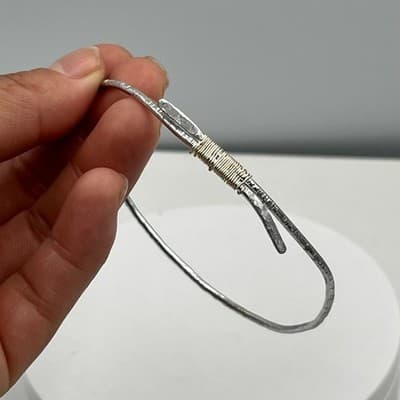 Artisan Hammered Silver Tone Bangle Bracelet, Mixed Metal Wire Wrap, Stackable - Thumbnail 4
