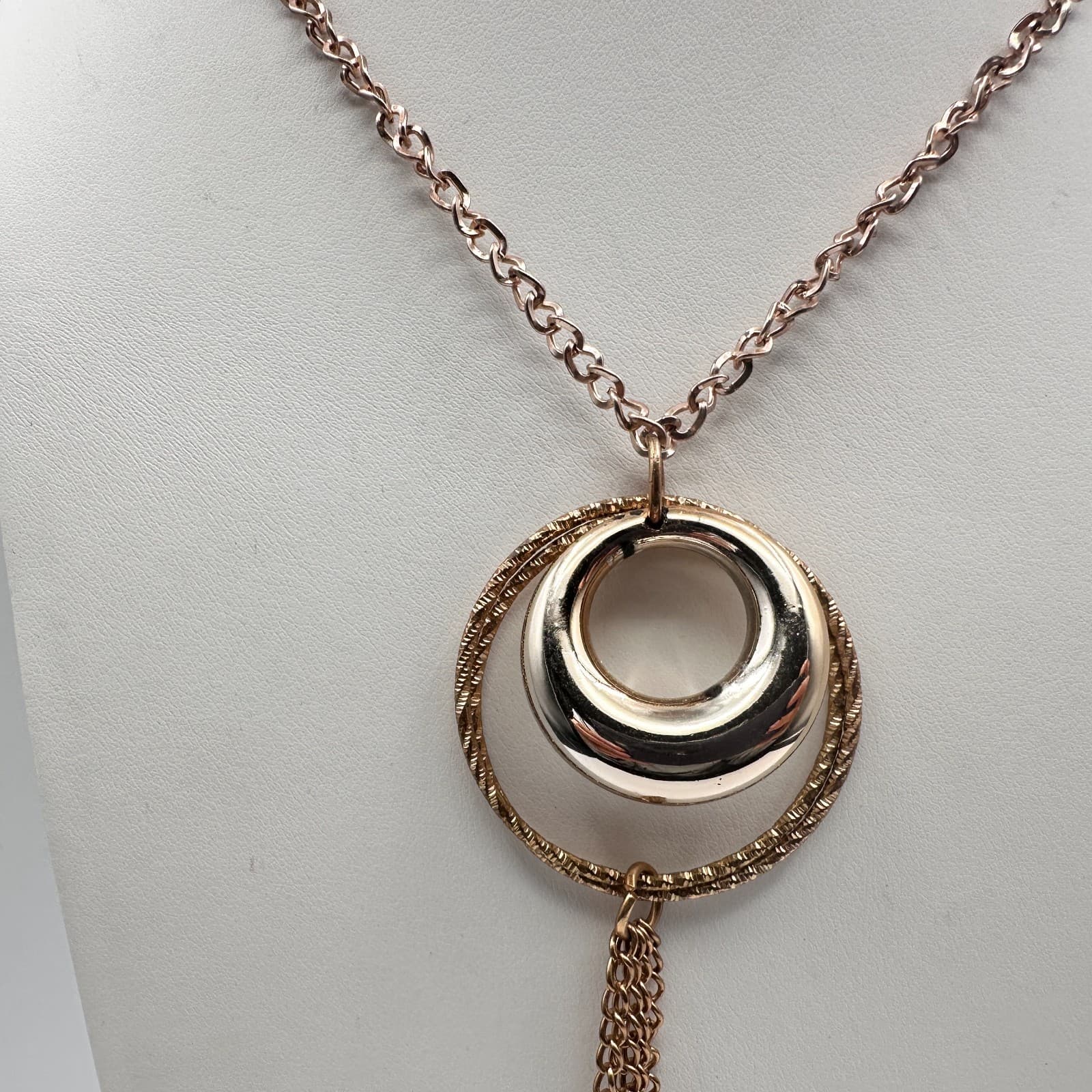 Vintage 90s Gold Tone Double Hoop Tassel Necklace Purple Glass Cube Boho - Thumbnail 6