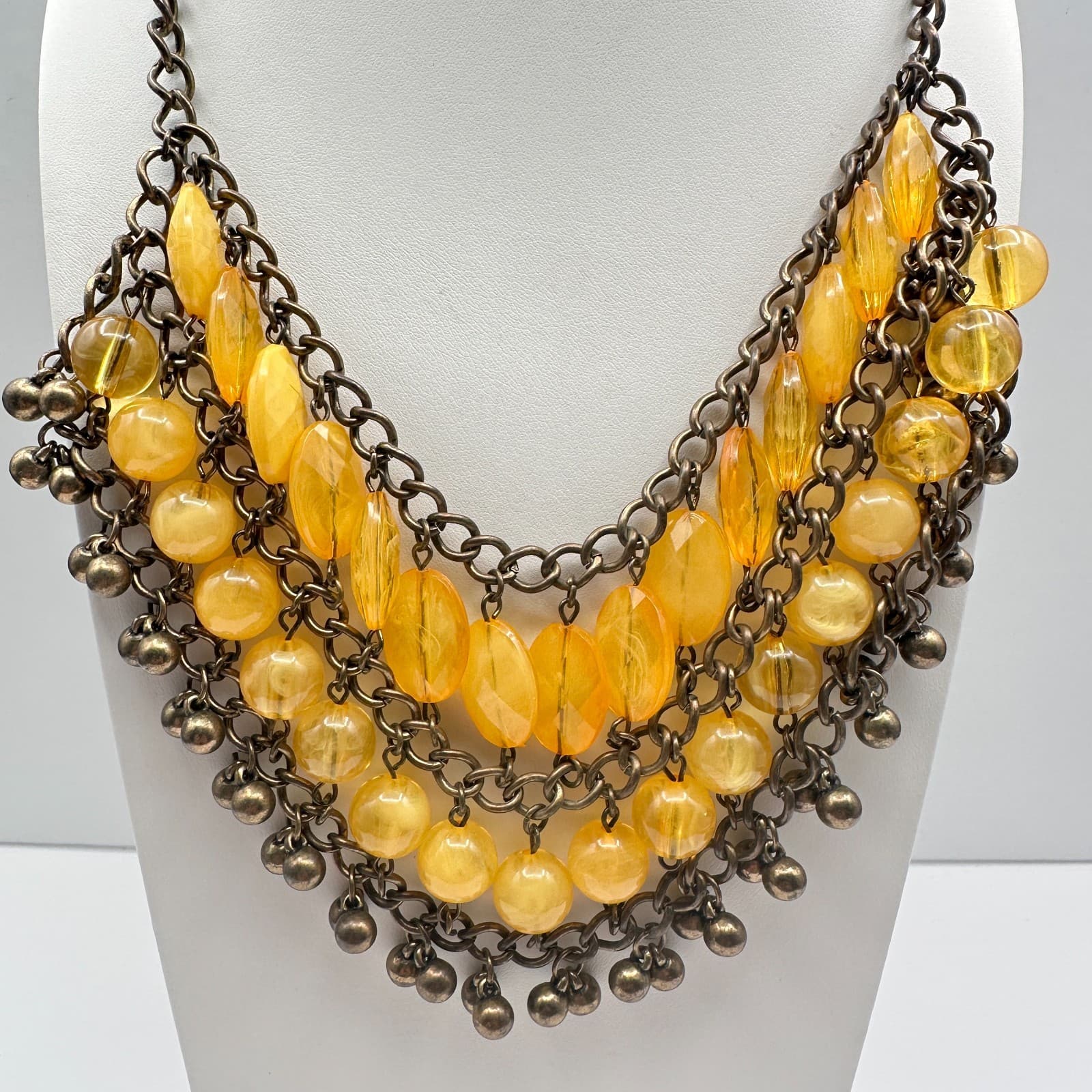 Vintage 90s Bib Necklace Yellow Glass Beads Bronze Tone Multi Strand Jewelry - Thumbnail 10
