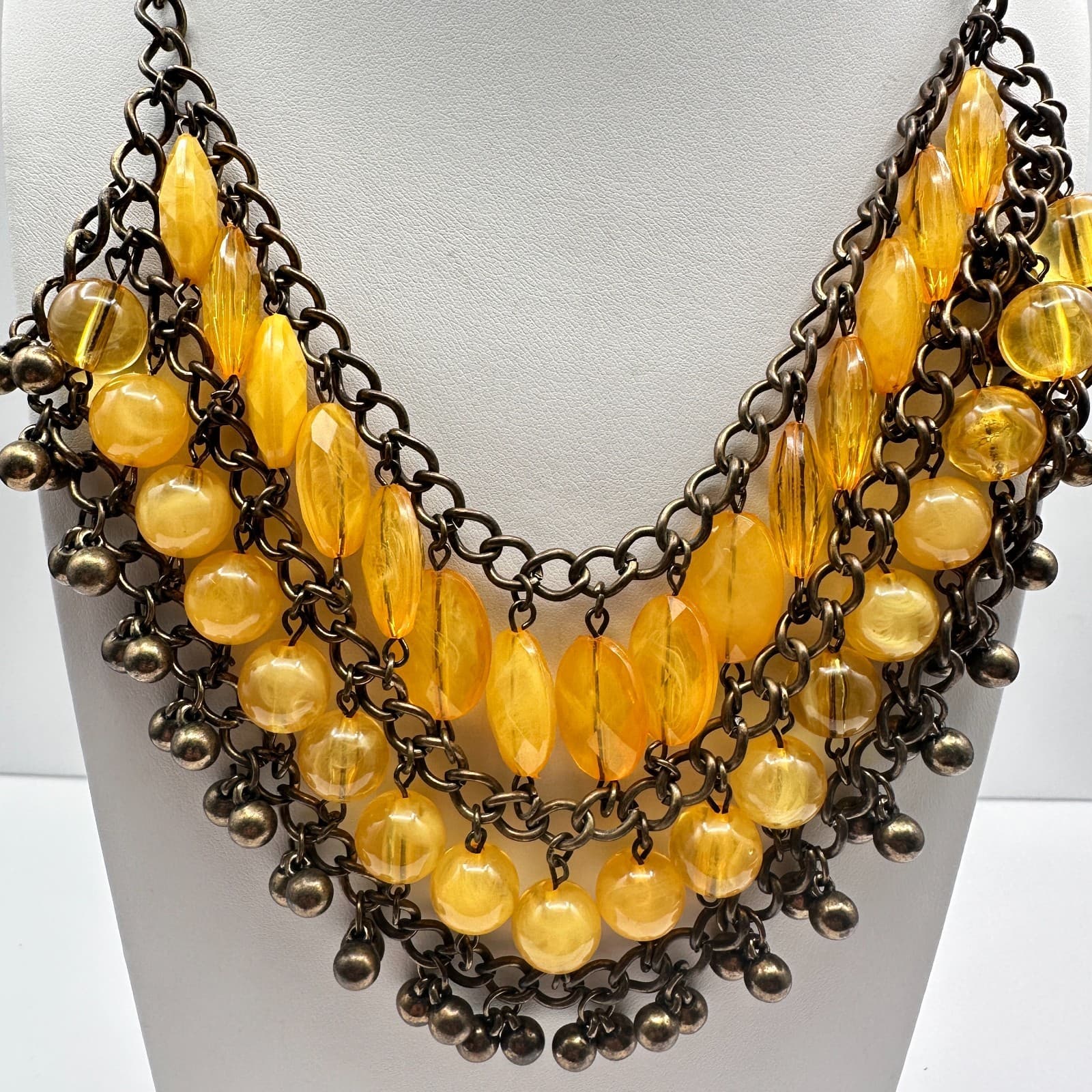 Vintage 90s Bib Necklace Yellow Glass Beads Bronze Tone Multi Strand Jewelry - Thumbnail 14