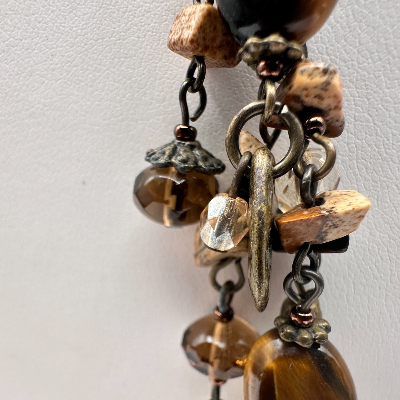 Vintage 90s Earth Tone Beaded Tassel Necklace Boho Leather Cord Women's Jewelry - Thumbnail 4