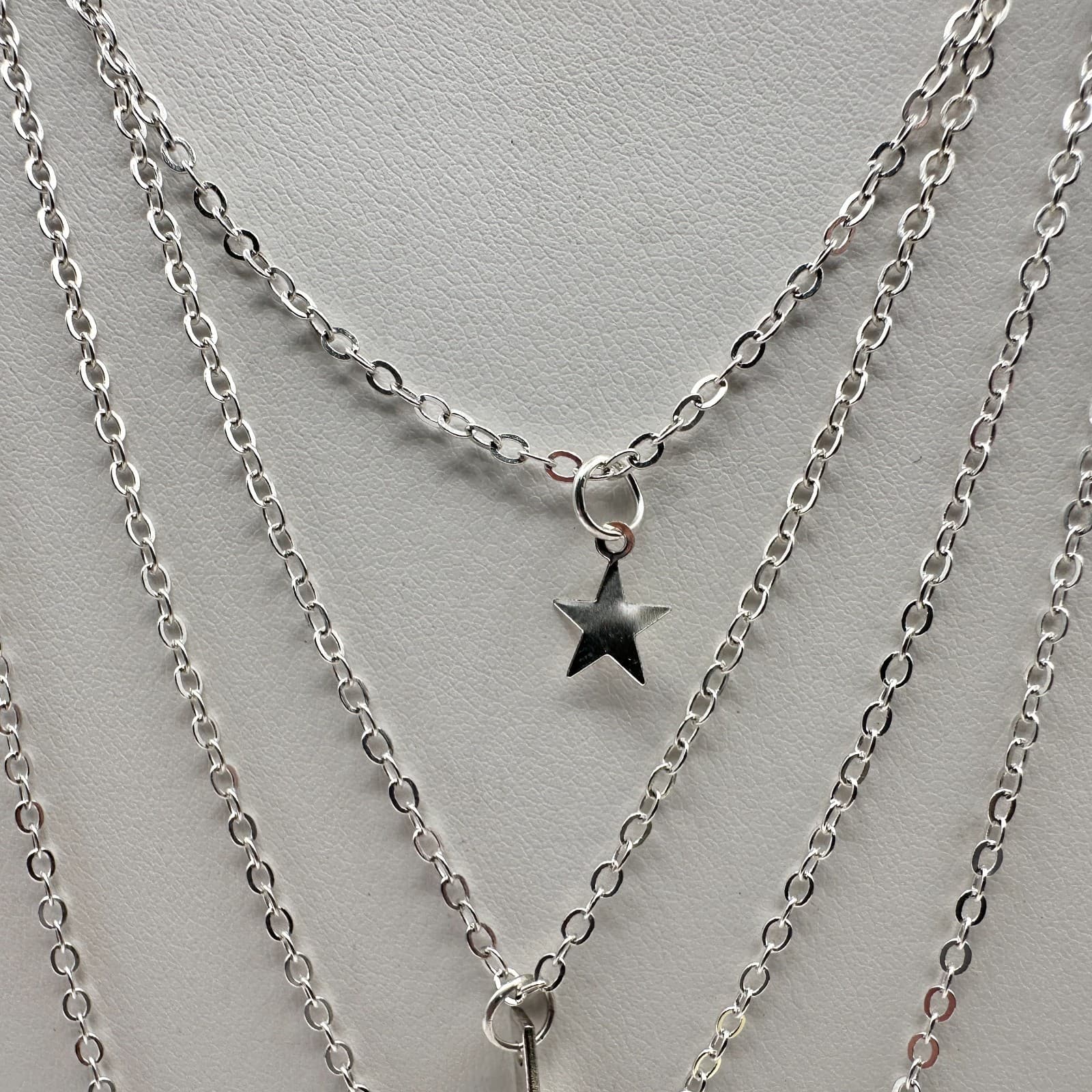 Vintage Y2K Silver Multi-Layered Necklace Star Geometric Vertical Bar Hammered - Thumbnail 7