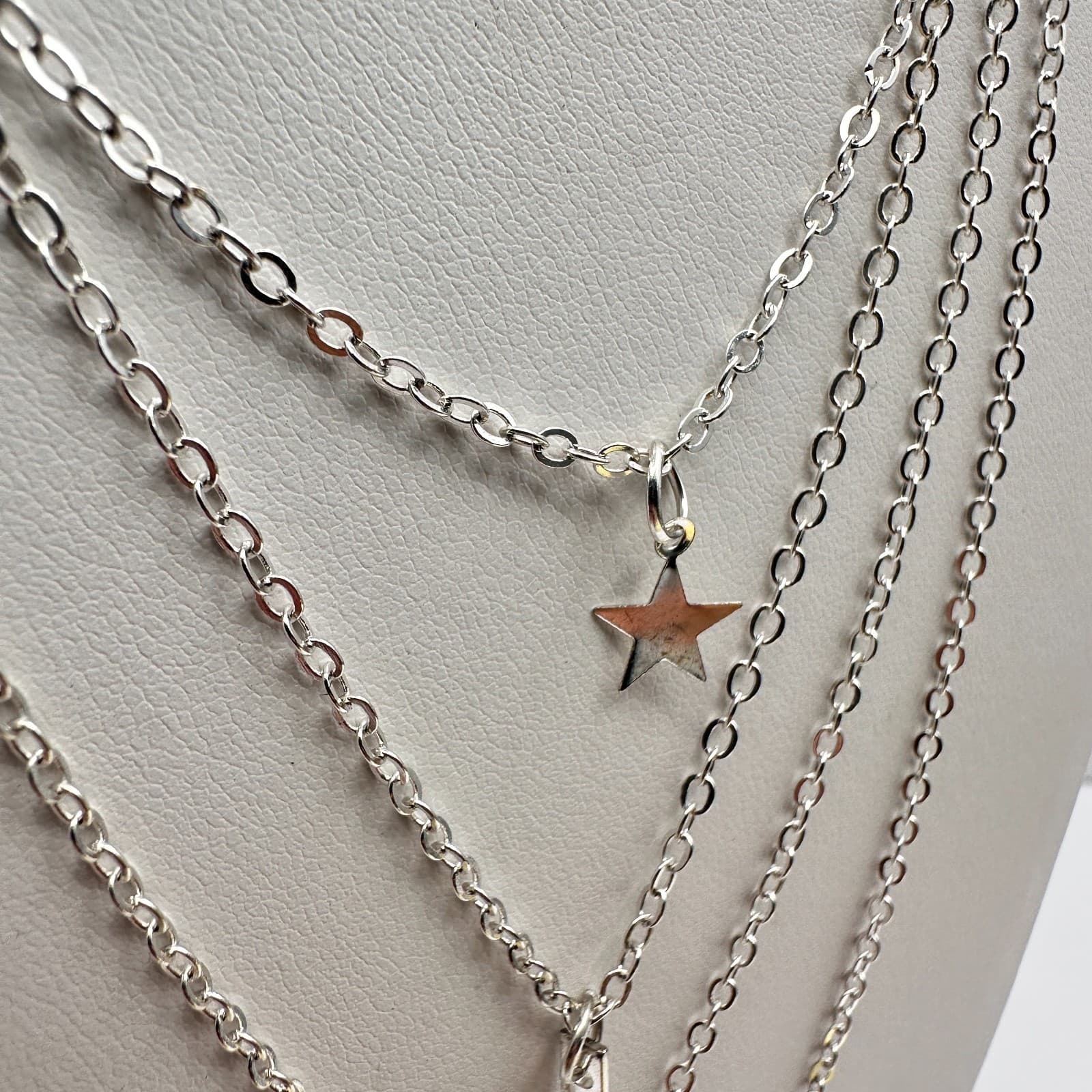 Vintage Y2K Silver Multi-Layered Necklace Star Geometric Vertical Bar Hammered - Thumbnail 12