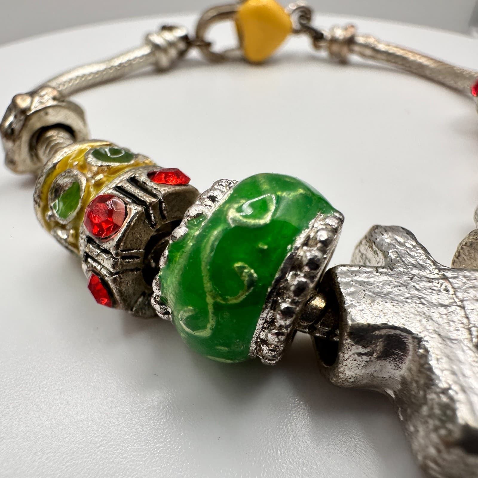 Vintage 90s Religious Charm Bracelet Silver Tone Multi-Color Cross Heart Jewelry - Thumbnail 9
