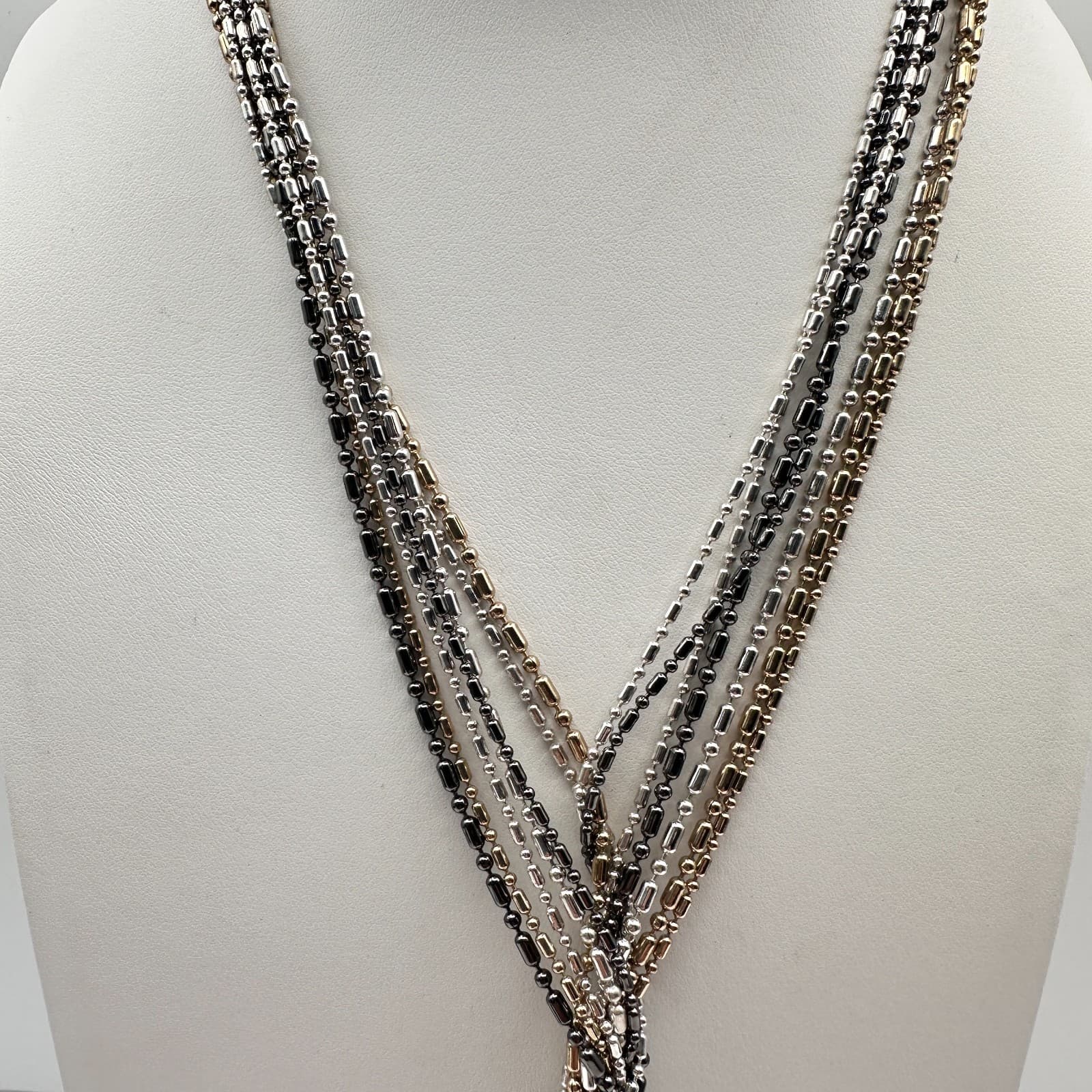 Vintage 90s Multi-Tone Multi-Strand Ball Bar Chain Tassel Statement Necklace - Thumbnail 2