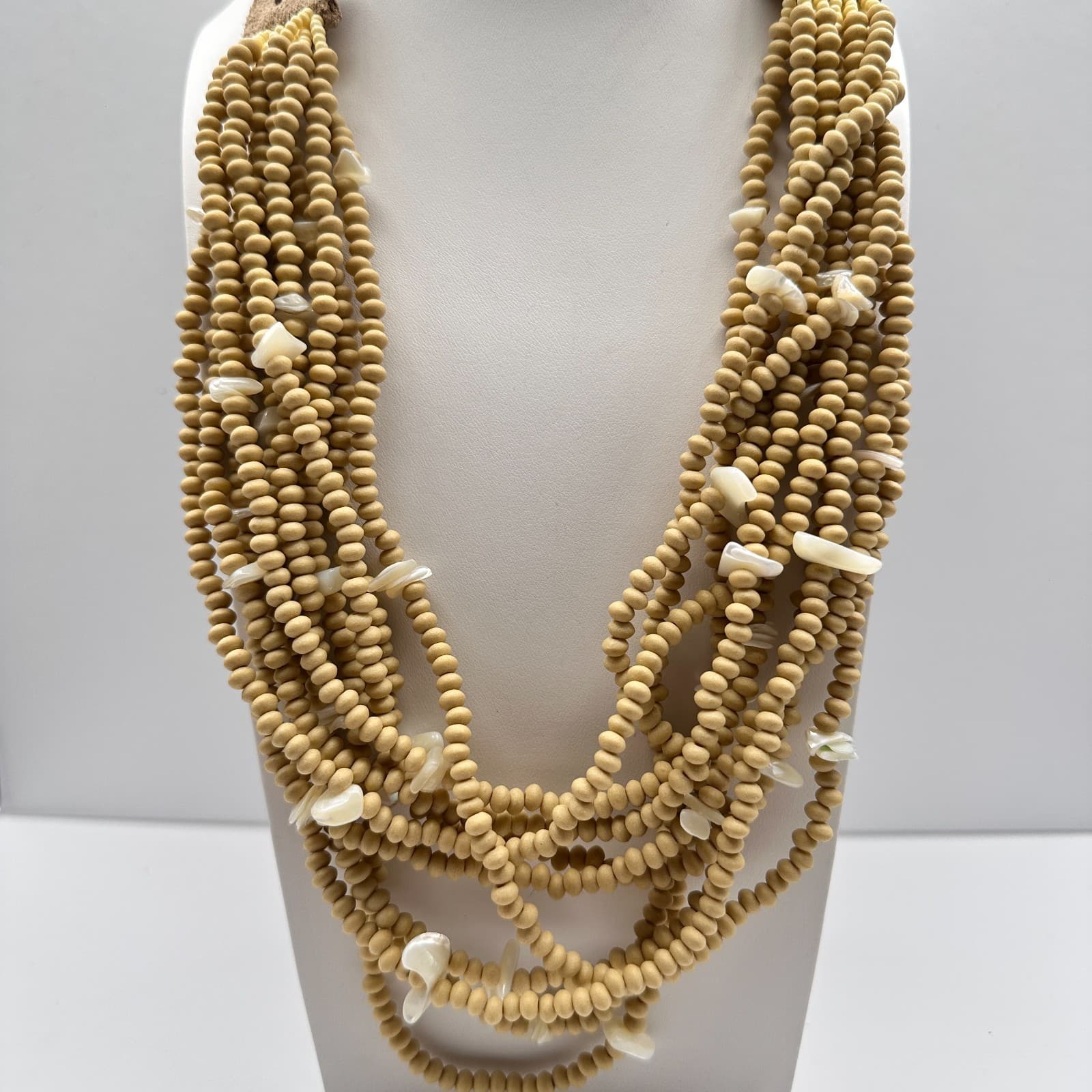 Vintage 90s Multi-Strand Wood Bead Shell Necklace Boho Classic Women's Jewelry - Image 1