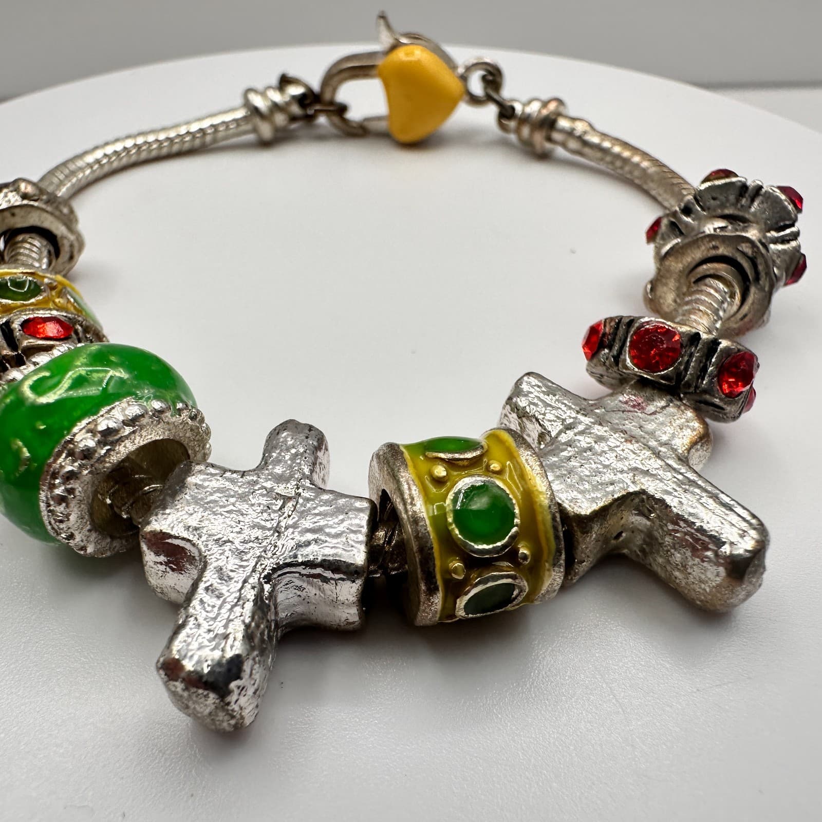 Vintage 90s Religious Charm Bracelet Silver Tone Multi-Color Cross Heart Jewelry - Thumbnail 8