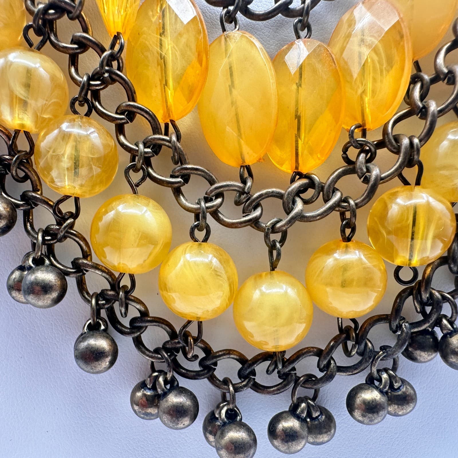 Vintage 90s Bib Necklace Yellow Glass Beads Bronze Tone Multi Strand Jewelry - Thumbnail 4